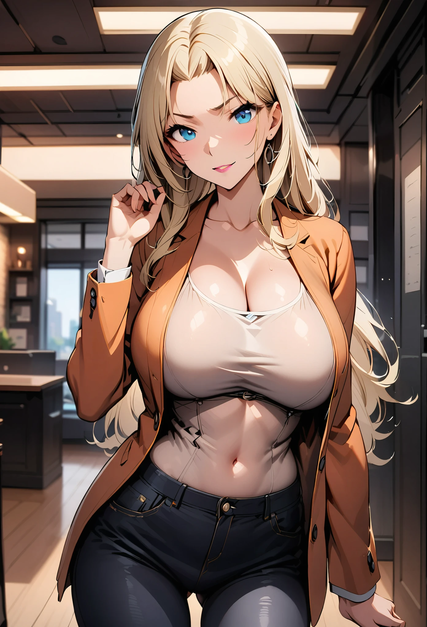 (best quality,Ultra-clear,Depth of Field, high resolution:1.3),individual, blonde, 1 mature beauty,Sexy , Orange Jacket , Tailored jeans , Black Hair , White top