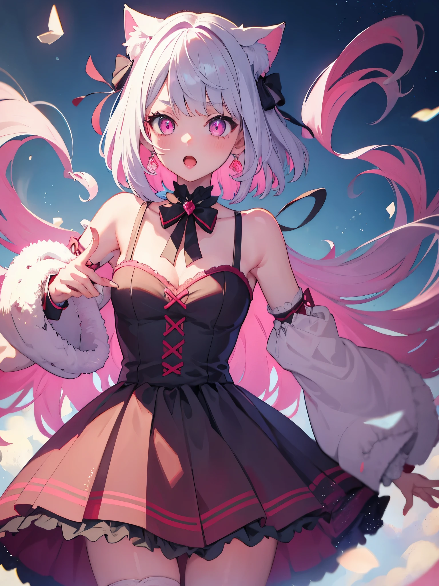 White hair. Short hair. Inner pink hair. Anime girl. Pink eyes. Glowing eyes. Nekomimi.