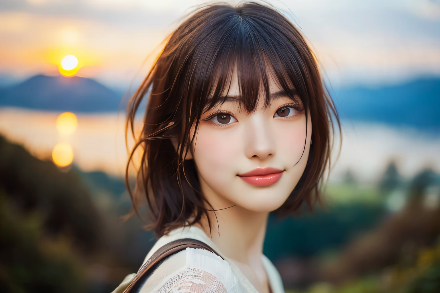highest quality, masterpiece, Ultra-high resolution, (Realistic:1.3), RAW Photos, (Nature landscape photography), (Majestic Mountain, Snow Mountain), (At the top of a very high mountain), (sunset), (One girl), (whole body), (Age 25), (smile:0.9), (Shiny skin), (short hair, Dark brown hair), (Wear a white T-shirt), (Trekking shorts), (Trekking shoes), ((Highly detailed face), (Super beautiful poop), (Very fine eye), (Highly detailed nose), (Very sophisticated mouth), (Very skilled hands), (Super-detailed body), Sony a7, 85mm lens, f9.0, Pan Focus