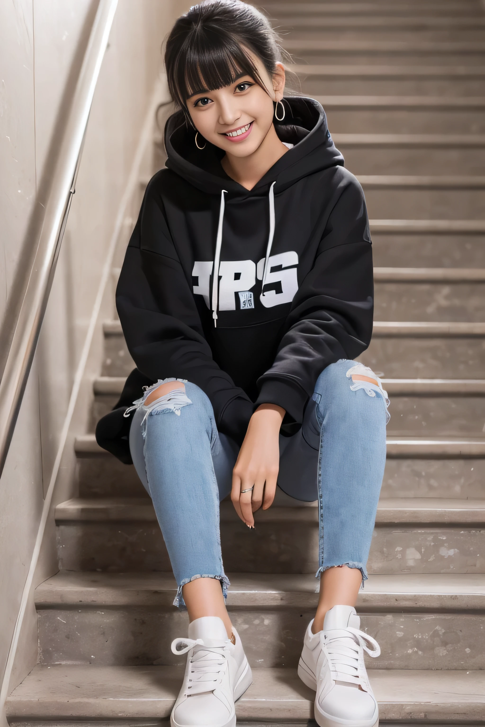 highest quality, Realistic, Very detailed, Finer details, High resolution, 8k wallpaper, One beautiful woman,Sit on the stairs、 Oversized hoodie, Skinny jeans, White sneakers、Putting on socks、Black Hair、 Beautiful Bangs、ear piercing、smile、Beautiful teeth alignment、Perfect dynamic composition, Beautiful and detailed, Full Body Shot, A big smile