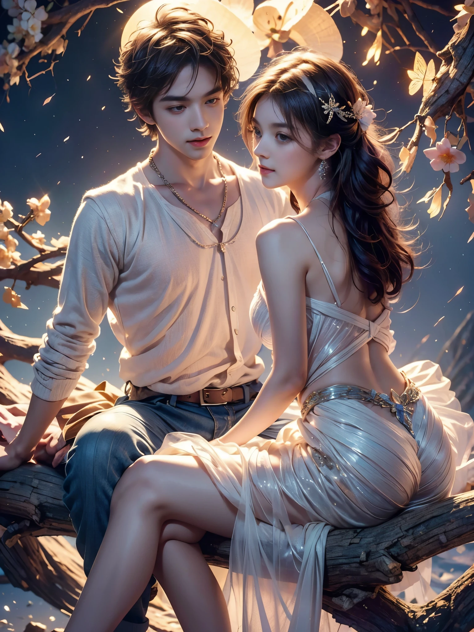 Romantic ancient style，night，Backlight，A man and a woman sitting on a tree branch，There is a full moon behind，Alexander，repeat，Fresh colors，Soft colors，Diode lamp，Concept art style，Extremely complex details，Clear distinction between light and dark，layered，Ultra HD