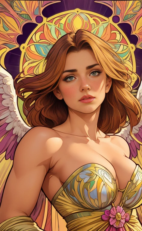 (best quality:1.2,vetorial art:1.1,vivid colors,beautiful vintage angel warrior woman with big open wings:1.1),determined face expression,corpo de frente para o observador, empunhando uma espada, alphonse mucha style,Intricate flowery background,vivid colors,warm tone,soft lighting)