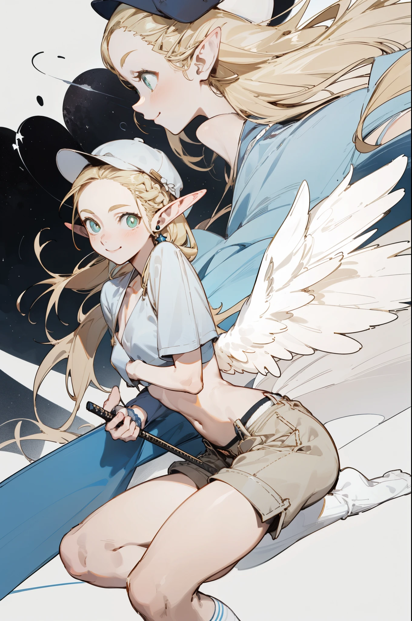 Wearing a bikini、Wearing a hat and a sword, Wearing headphones,(masterpiece, best quality) detailed,silver accessories , Blonde ,elegant, Pointed ears ，shorts，Double tail，Waist-length hair，Smile，Star decoration，White lace socks，Angel，bandage，Cross，cross