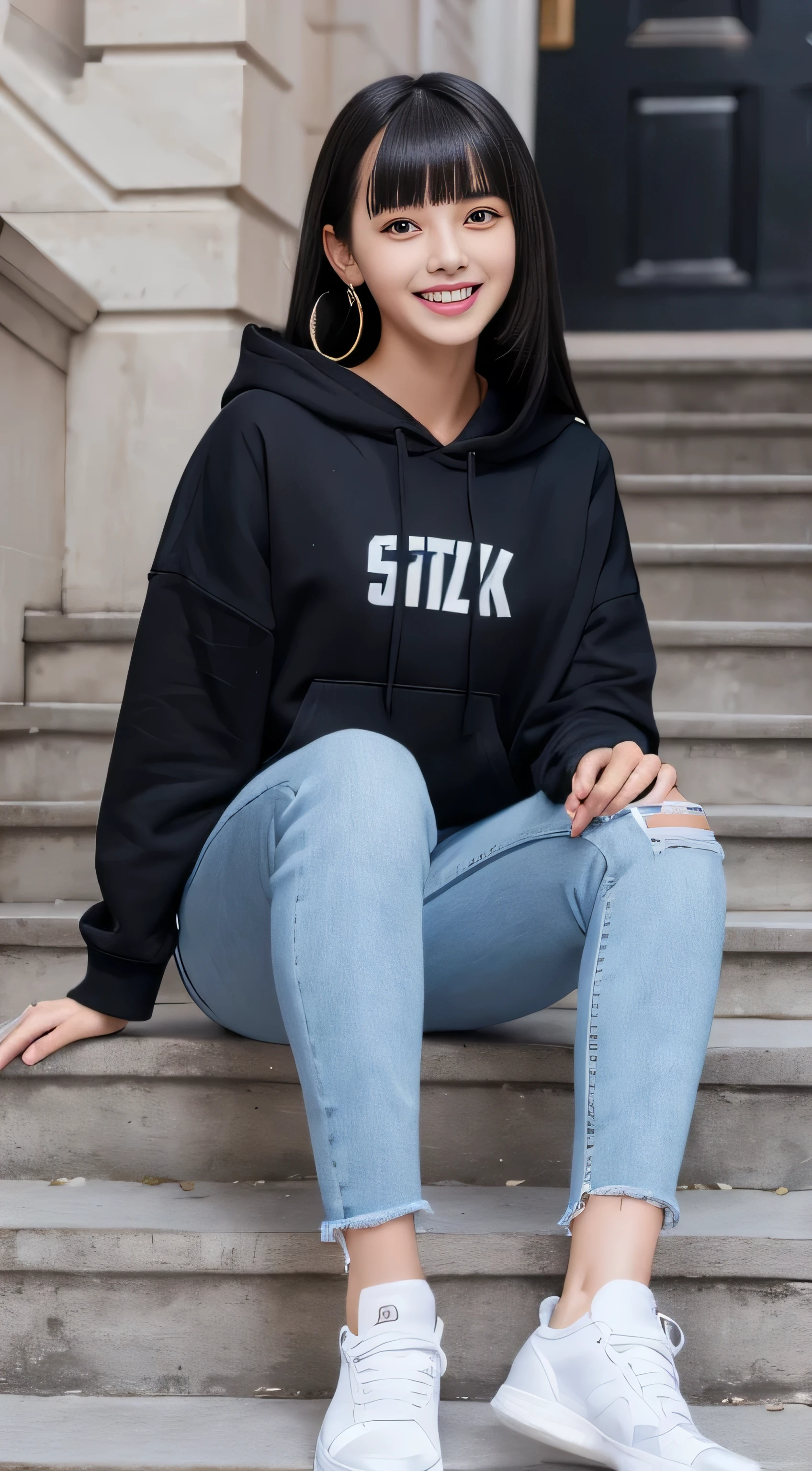 highest quality, Realistic, Very detailed, Finer details, High resolution, 8k wallpaper, One beautiful woman,Sit on the stairs、 Oversized hoodie, Skinny jeans, White sneakers、Putting on socks、Black Hair、 Beautiful Bangs、ear piercing、smile、Beautiful teeth alignment、Perfect dynamic composition, Beautiful and detailed, Full Body Shot, A big smile