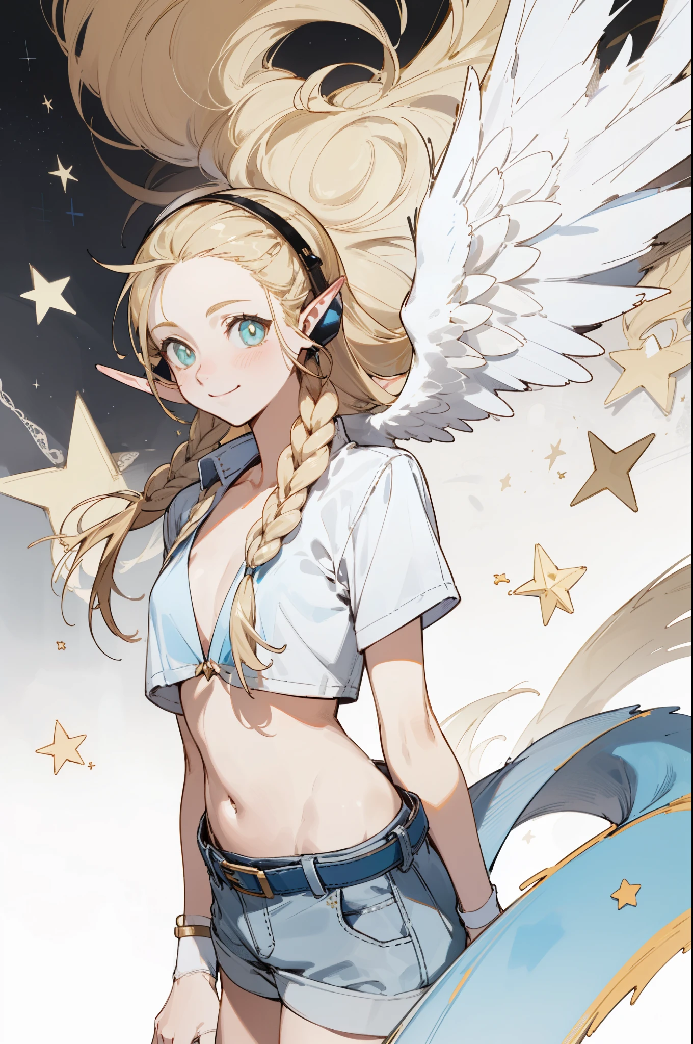 Wearing a bikini、Wearing a hat and a sword, Wearing headphones,(masterpiece, best quality) detailed,silver accessories , Blonde ,elegant, Pointed ears ,White shirt,shorts,Double tail,Waist-length hair,Smile,Star decoration,White lace socks,Angel,Cross,Cross decoration,