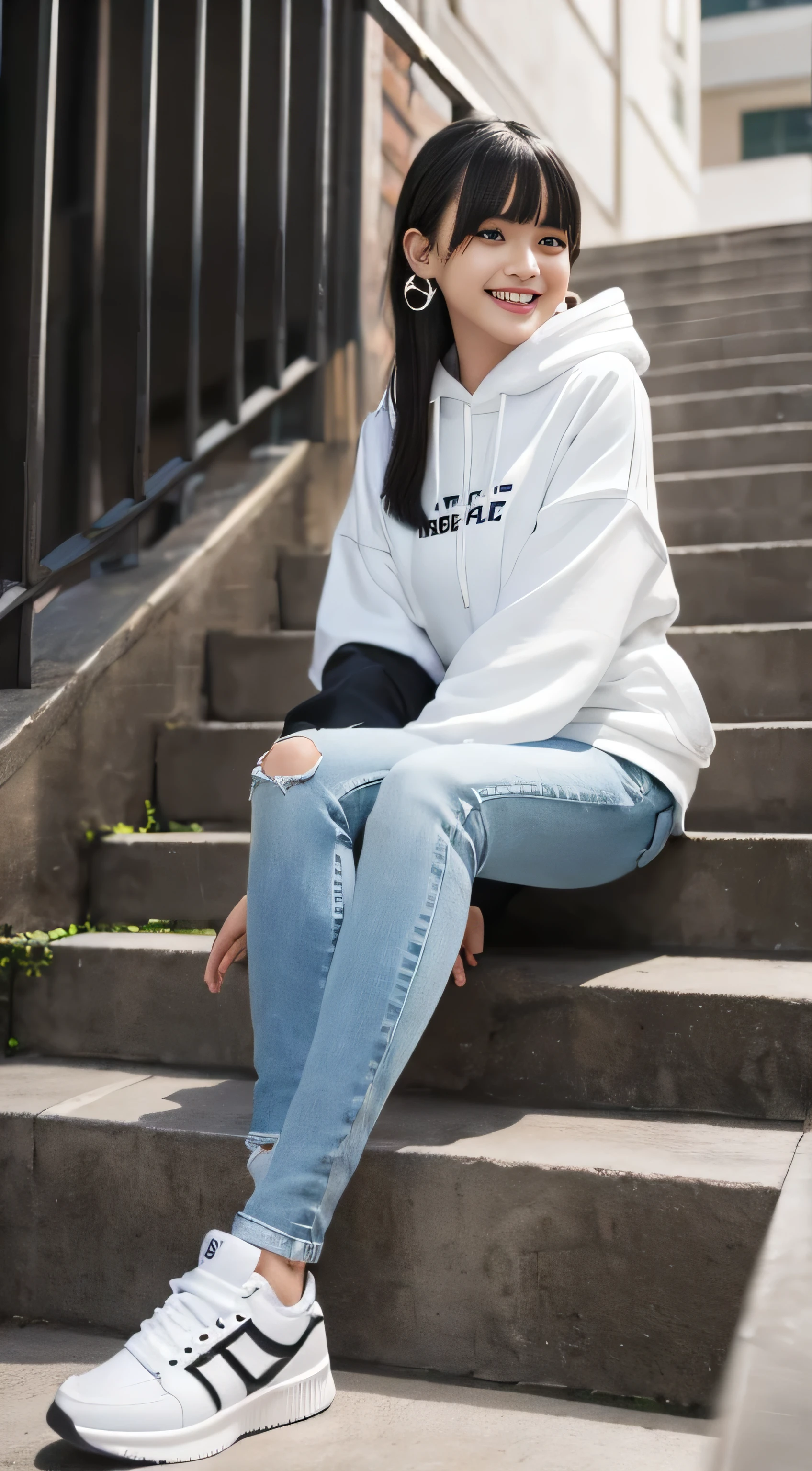 highest quality, Realistic, Very detailed, Finer details, High resolution, 8k wallpaper, One beautiful woman,Sit on the stairs、 Oversized hoodie, Skinny jeans, White sneakers、Putting on socks、Black Hair、 Beautiful Bangs、ear piercing、smile、Beautiful teeth alignment、Perfect dynamic composition, Beautiful and detailed, Full Body Shot, A big smile