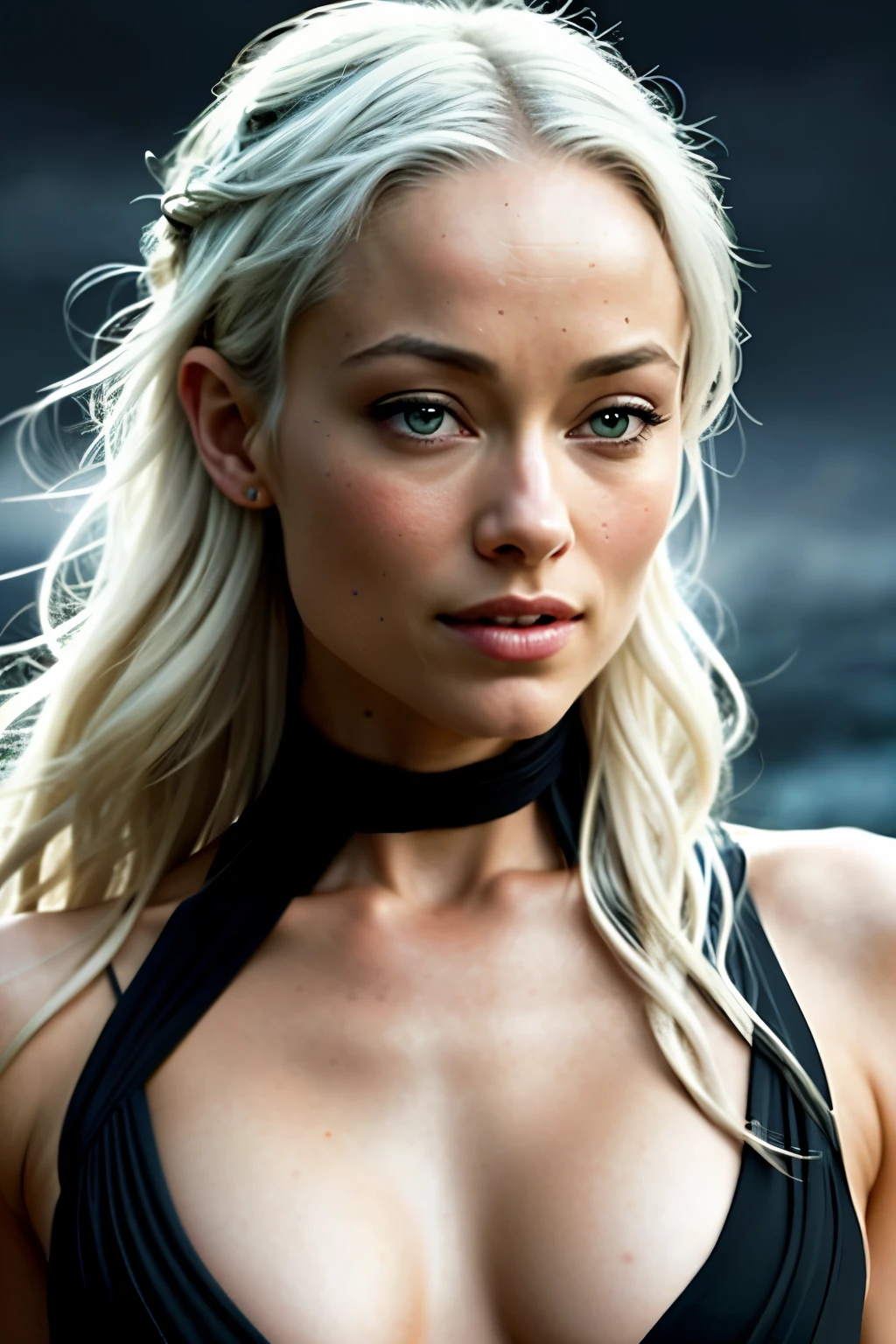 Photo Mid Shot solo portrait of [Olivia wilde] as [Daenerys Targaryen] as a real-life version of (Daenerys Targaryen), Targaryen white hair, with (sexy black dress), (sexy neckline), charming smile, by Hubert Robert and Alex Timmermans ultra realistic highly detailed intricate photorealistic style photography sharp focus on the eyes, cinematic lighting