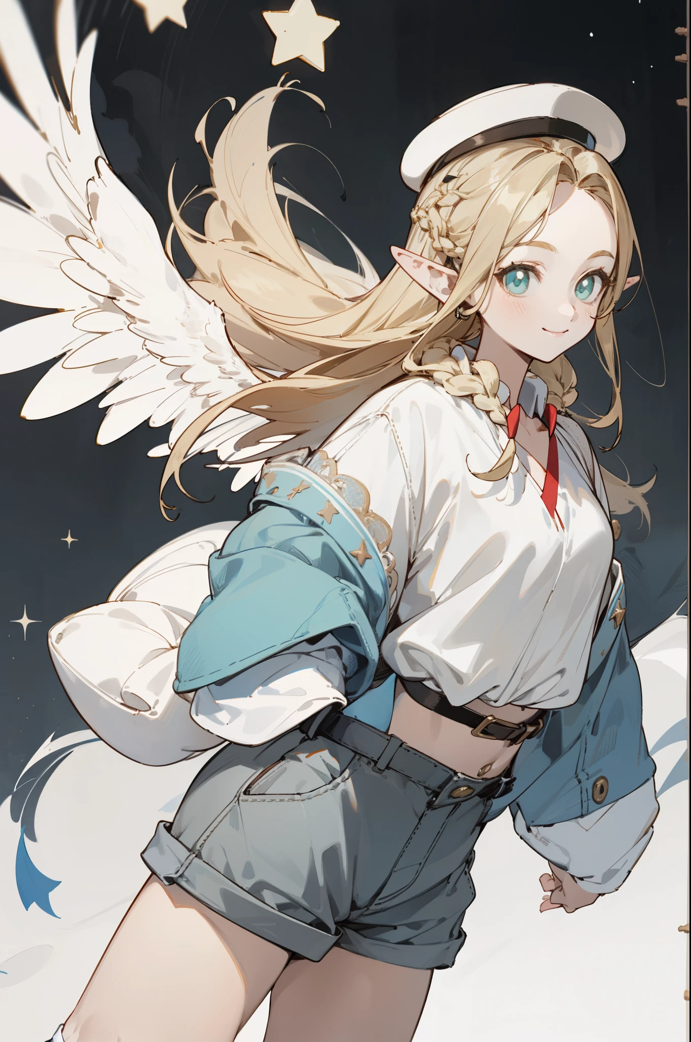 Wearing a bikini、Wearing a hat and a sword, Wearing headphones,(masterpiece, best quality) detailed,silver accessories , Blonde ,elegant, Pointed ears ,White shirt,shorts,Double tail,Waist-length hair,Smile,Star decoration,White lace socks,Angel