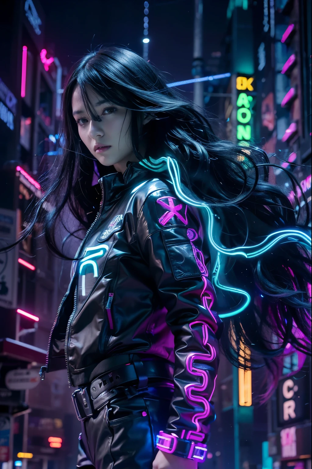 (Long black wavy hair with blue and purple neon lighting:1.2),(Full body photo:1.2) Best image quality, masterpiece, Ultra-high resolution, (Faithfulness:1.4), ((Cyberpunk characters)), Japanese women, Very beautiful face, Skinny, Small breasts,  Cyber Costume, Futuristic, ((Award-winning, ultra-realistic photography))，(Hyper Detail），(Intricate details），(High resolution CGI artwork 8k), LED Light, Atmospheric lighting, Illuminated by neon lights, (Dark city night、Black Background:1.4)
