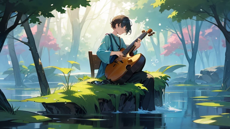 Picture a young boy, around twelve years old, sitting in the heart of a whimsical, vibrant world crafted entirely from musical elements. He is perched comfortably on a giant, plush treble clef that curves gently like a welcoming bench, set in a lush, green meadow dotted with flowers that resemble small trumpets and violins.

Around him, the landscape undulates rhythmically, as if pulsating to an unheard symphony. Trees with bark textured like piano keys tower overhead, their leaves fluttering softly like sheet music pages in a gentle breeze. Nearby, a stream flows with a clear, melodious trickle, its surface rippling with tiny, luminous notes that seem to dance on the water.

The boy, with his headphones securely over his ears, taps his feet and fingers in sync with the music he is engrossed in. His eyes are closed in blissful concentration, his face lit by a soft, serene smile. Every now and then, a soft drumbeat causes the ground to tremble subtly under him, and the air vibrates with the deep hum of a cello from the distance.

Floating softly above him are delicate, colorful bubbles, each emitting its own harmonic tone when they gently bump into one another, creating a symphony of light and sound. This boy, enveloped in his harmonious oasis, is at peace, deeply connected to the magical musical world that surrounds him.
