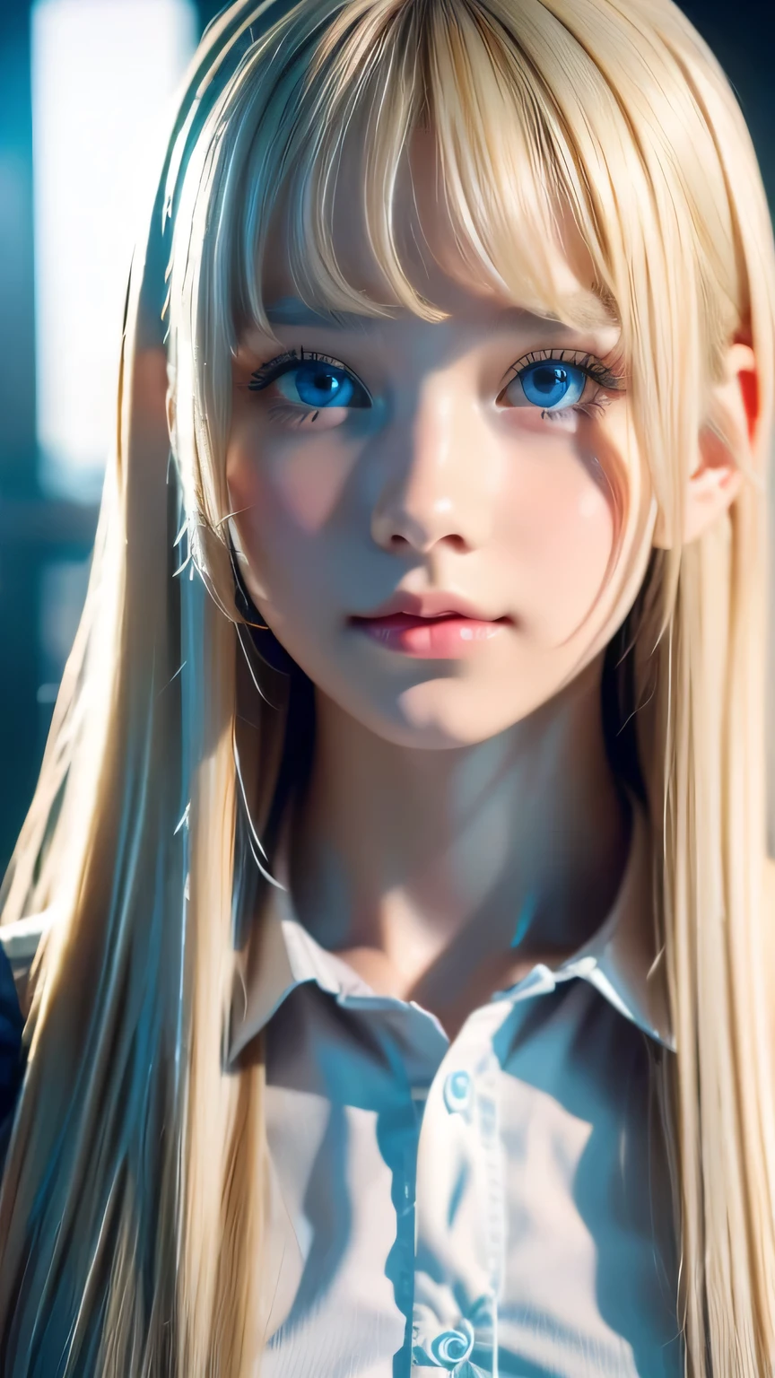 high quality, 最high quality, photo-Realistic, Raw photo, Realistic, ultra Realistic 8k cg, Ultra-detailed, High resolution, masterpiece, 1 Girl, Super long blonde hair, Super long natural platinum blonde hair, Super long straight silky hair、bangs over eyes、Very bright blue eyes, Face and eye details, close, Intricate details, Fine texture, In detail,Small Face Girl、16-year-old Nordic beauty