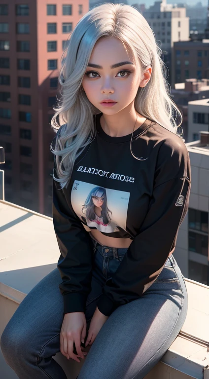 1 girl named Sarah with long light blue hair, dyed loose hair, Long hairstyle, perfect detailed face, Young pretty white girl, Hot-top model, Detailed symmetrical light green eyes with round irises, Beautiful, Walking and posing, Look at the observer, 19-year-old girl, looks like Madison Beer, extremely detailed face, Model, Realistic, Real life, perfect photorealistic picture, Realistic, hourglass figure, Stunning realistic photography, Detailed fingers, detailed realistic face, Soft fingers, real human nails, Extremely attractive girl, perfect detailed tan, small eyes, perfectly detailed face with realistic complexion and finely porous skin, small nose, Model, Perfect posture, Natural limbs, long legs, detailed symmetrical eyeballs, symmetric eyes, Realistic eyeballs, Realistic detailed eyes, cute plump closed lips, makeup, no long neck, no long waist, Perfect proportional body, seductive gaze, Looking in the direction of the viewer, Fascinating facial features, ah high, two arms, Two legs, one head, tiny breasts, realistic natural bodies, realistic shadows, Mystical epiphany, 8K, UHD, ((body facing the viewer, Pointing at the camera)), "wide-angle", Full-body shot, full pose, (photo studio white background), tempt a little, Cinematic world, Cover photo in the center of Hyperealistic, Stunning full-color, Cinematic, neoprene, behance contest winner, portrait of a, presented at Unsplash, stylized digital art, Smooth, extra high resolution, She wearing a large white long T-shirt and black Acronym J36-S sweatpants (T-shirt only white), black and white sneakers, instagram model, 80mm , Streetwear , (((sitting on the roof of a skyscraper))) , Realistic,round ass