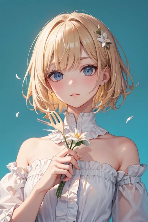 rating:safe, solo, flower, expressionless, upper_body, blonde_hair, lips, looking_at_viewer, closed_mouth, short_hair, holding, androgynous, 1boy, 1girl, traditional_media, white_shirt, bare_shoulders, shirt, blue_background, bangs, male_focus,  eyelashes, brown_hair,  lily_(flower), simple_background, fork, frills, 