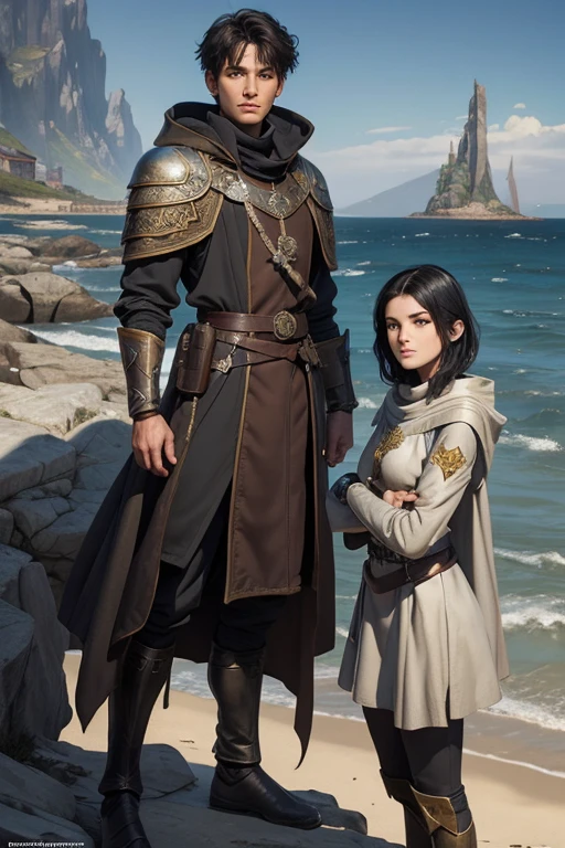 fantasy art by Moebius and Michael Vrubel, medium shot, teenage boy and girl, detailed face, short black hair, dynamic pose, cinematic, thin tan-skinned noble guard, grey wrapped medieval fantasy knee-length northern broadcloth jacket with a wide ornamented sash, northern seashore, granite rocks background, concept art, smooth, illustration