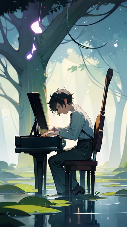 Picture a young boy, , sitting in the heart of a whimsical, vibrant world crafted entirely from musical elements. He is perched comfortably on a giant, plush treble clef that curves gently like a welcoming bench, set in a lush, green meadow dotted with flowers that resemble small trumpets and violins.
Around him, the landscape undulates rhythmically, as if pulsating to an unheard symphony. Trees with bark textured like piano keys tower overhead, their leaves fluttering softly like sheet music pages in a gentle breeze. Nearby, a stream flows with a clear, melodious trickle, its surface rippling with tiny, luminous notes that seem to dance on the water.
The boy, with his headphones securely over his ears, taps his feet and fingers in sync with the music he is engrossed in. His eyes are closed in blissful concentration, his face lit by a soft, serene smile. Every now and then, a soft drumbeat causes the ground to tremble subtly under him, and the air vibrates with the deep hum of a cello from the distance.
Floating softly above him are delicate, colorful bubbles, each emitting its own harmonic tone when they gently bump into one another, creating a symphony of light and sound. This boy, enveloped in his harmonious oasis, is at peace, deeply connected to the magical musical world that surrounds him.