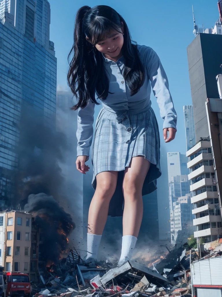 (Giantess Elementake the city tiny、High resolution、high resolution、High quality、Accurate body structure、Detailed body)Towering height of 50,000 Foot Giant Girl、Looking up at the approaching woman from below、Cute women raiding the city、Destroy a small town淫乱な女性、Destroy a small town、Mischievous look、high school girl、White shirt、Checked Skirt、ribbon、Glowing Skin、Giant Woman、smile、Trampling buildings、Burning City、Destroyed buildings、Collapsed highway、Car being crushed、Residents fleeing、sunset、Burning small town、Advance、walk、Trampling、Anatomically correct、Accurate human body、Accurate skeleton、Full body portrait、Bob Hair、Black Hair、Red eyes、Rubble scattered at your feet、Taller than a skyscraper、Great impact、Epic、Giantess Elements、Draw a woman in a big way、Increase the destructive element、Make the city smaller