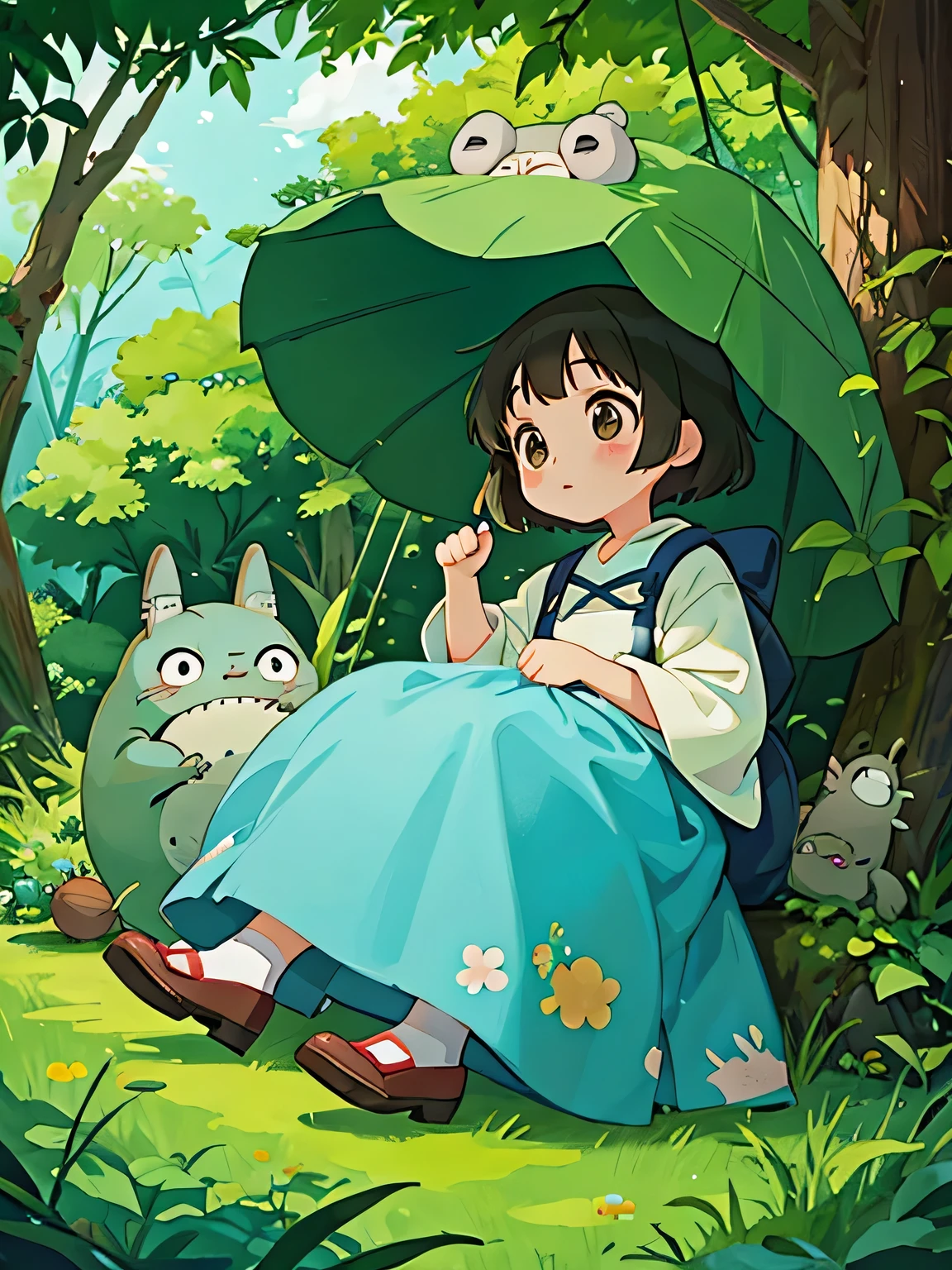 hayao miyazaki style, Kawaii Design, The most beautiful girl of all time、Chibi, Cute her mother、play together、Totoro Forest