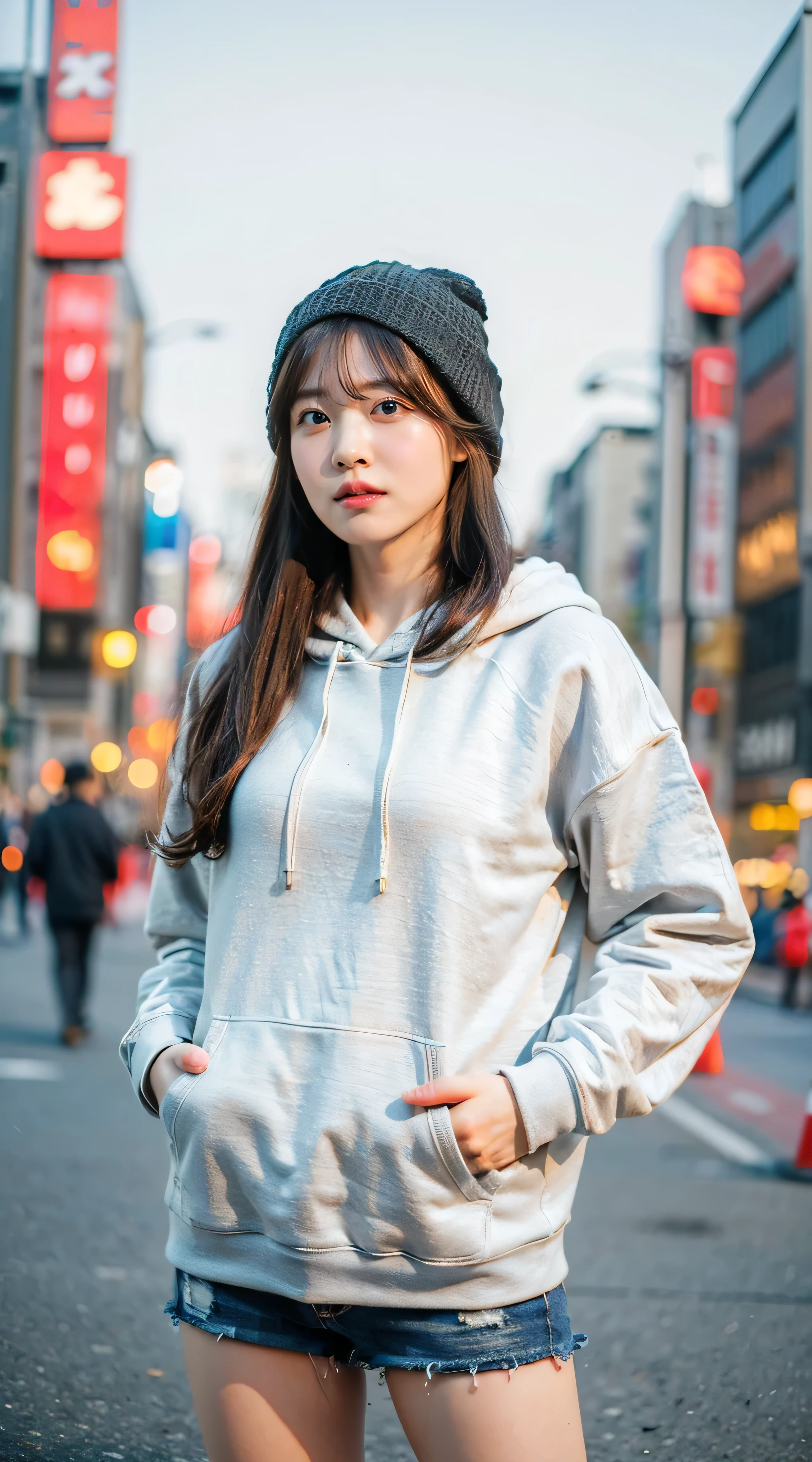 (8k、RAW Photos、highest quality、masterpiece:1.3)、(Realistic、Photorealistic)、(Very large breasts:1.2)、Perfect limbs、Outdoor、(Shibuya cityscape:1.4)、night、Winter clothes、Knitted hat、Stylish、Clothes suitable for the city、(hoodie:1.3)