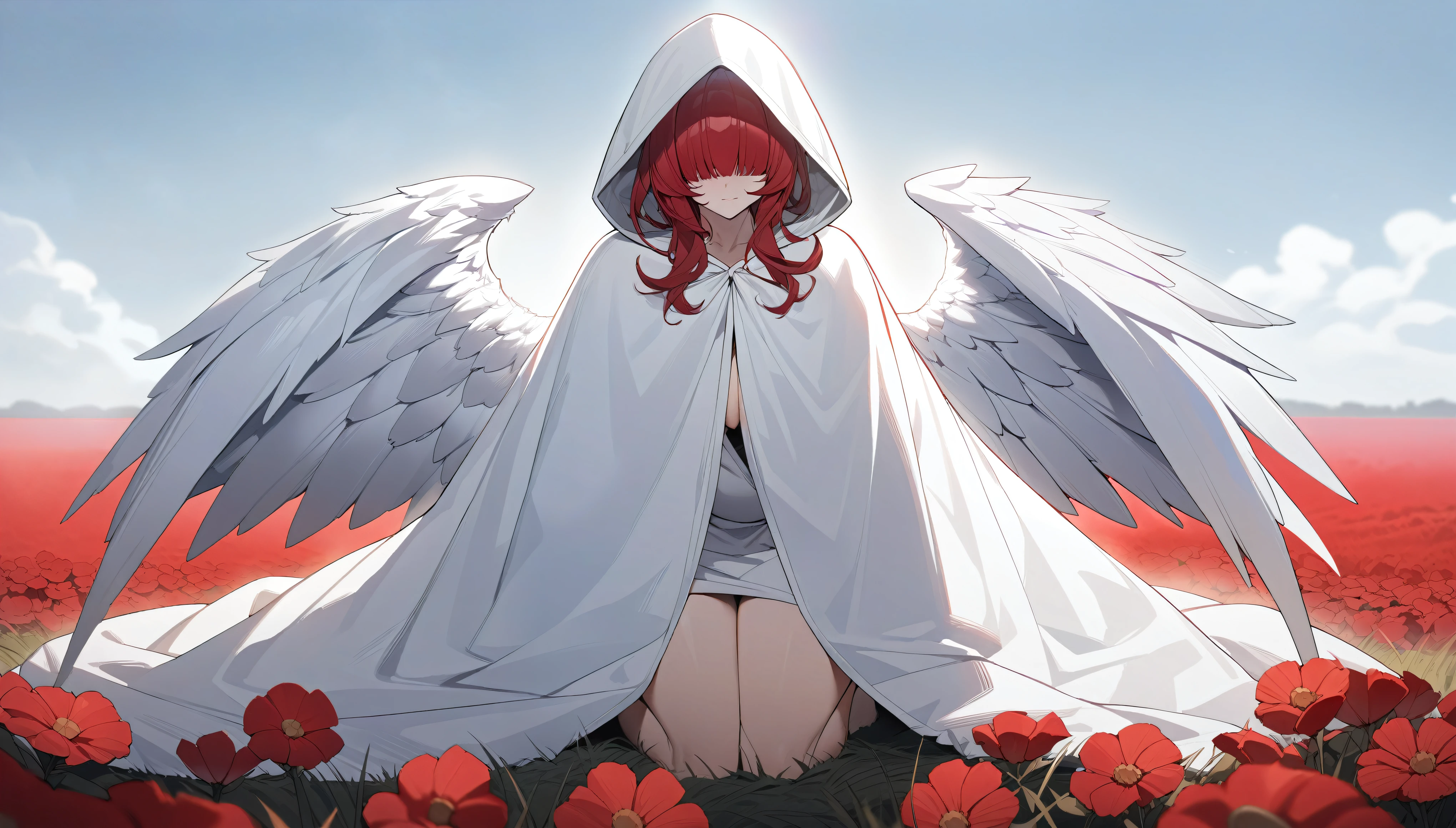 high quality, masterpiece, in detail, correct anatomy, in detailе освещение. (One Angel Girl), ((huge wings)), Stunning appearance, Imperturbable, white and red hair, (hair completely covers eyes), without shoes, (((The hood completely covers the eyes))), ((mature face)). On a field with red flowers, thick fog