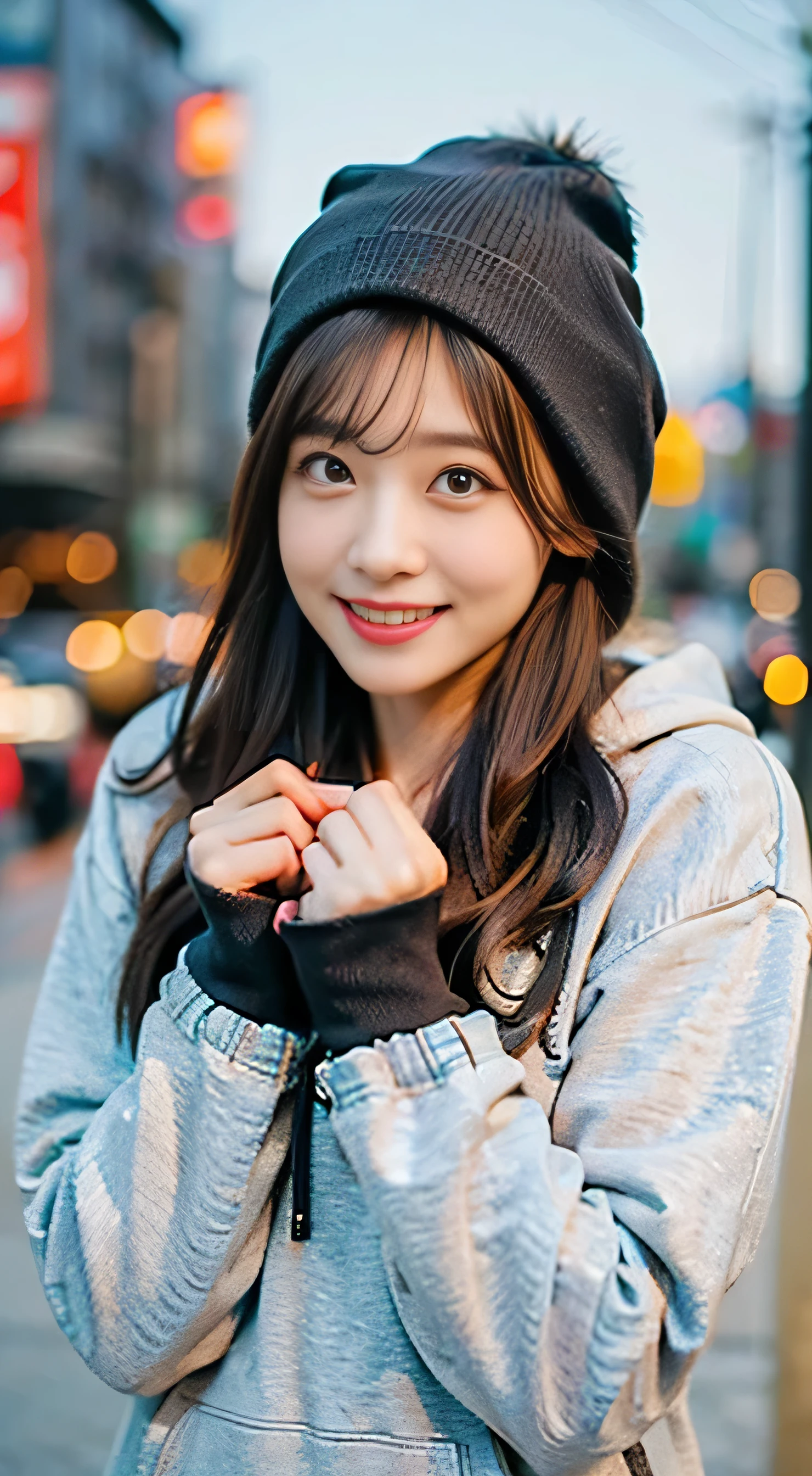 (8k、RAW Photos、highest quality、masterpiece:1.3)、(Realistic、Photorealistic)、(Very large breasts:1.2)、Perfect limbs、Outdoor、(Shibuya cityscape:1.4)、night、Winter clothes、Knitted hat、Stylish、Clothes suitable for the city、(hoodie:1.3)