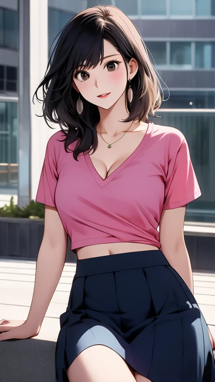 1akane kurokawa,alone,big breasts, cleavage, belly button,open chest t-shirt, ((good)),clothing lift, skirt, Liar, whole body,sexy body,sitting
