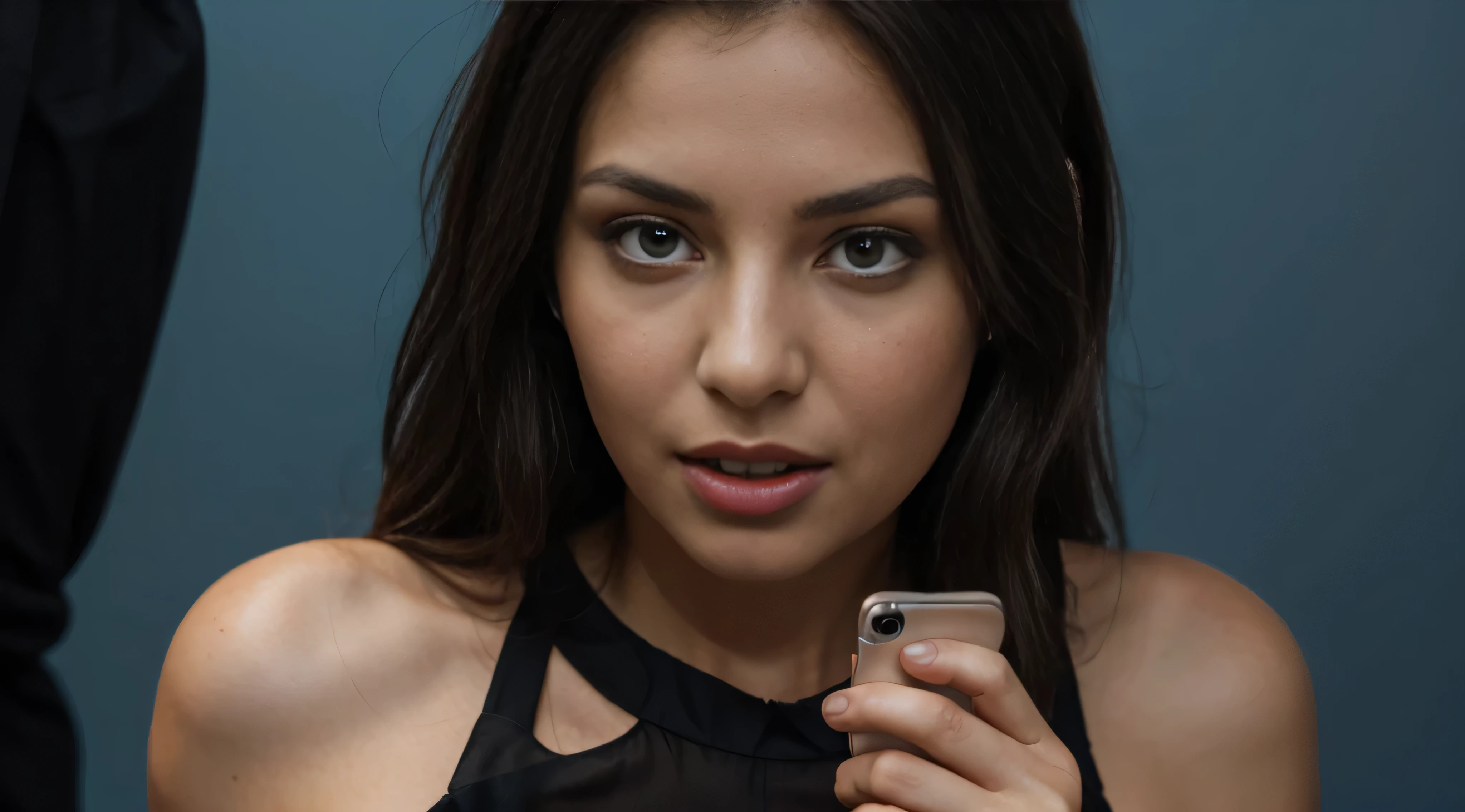 beautiful woman in a black dress who was playing on her smartphone with a shocked facial expression. with a blue background. High quality image, 8k resolution, very detailed and focused