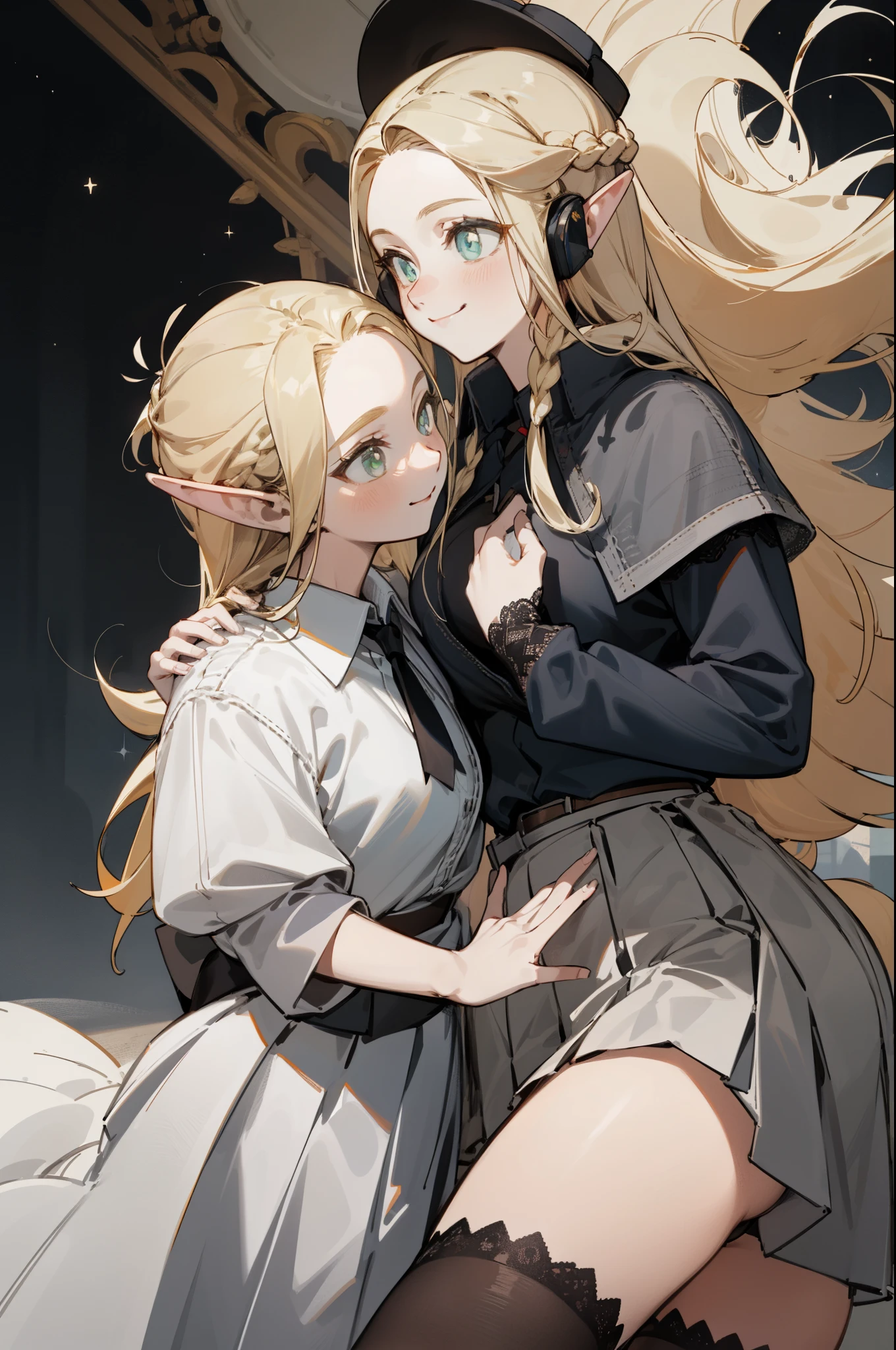 Wearing a black bikini、Wearing a hat and a sword, Wearing headphones,(masterpiece, best quality) detailed,silver accessories , Blonde ,elegant, Pointed ears ,Black shirt,Black pleated skirt,Double tail,Waist-length hair,Smile,Star decoration,Lace lace socks