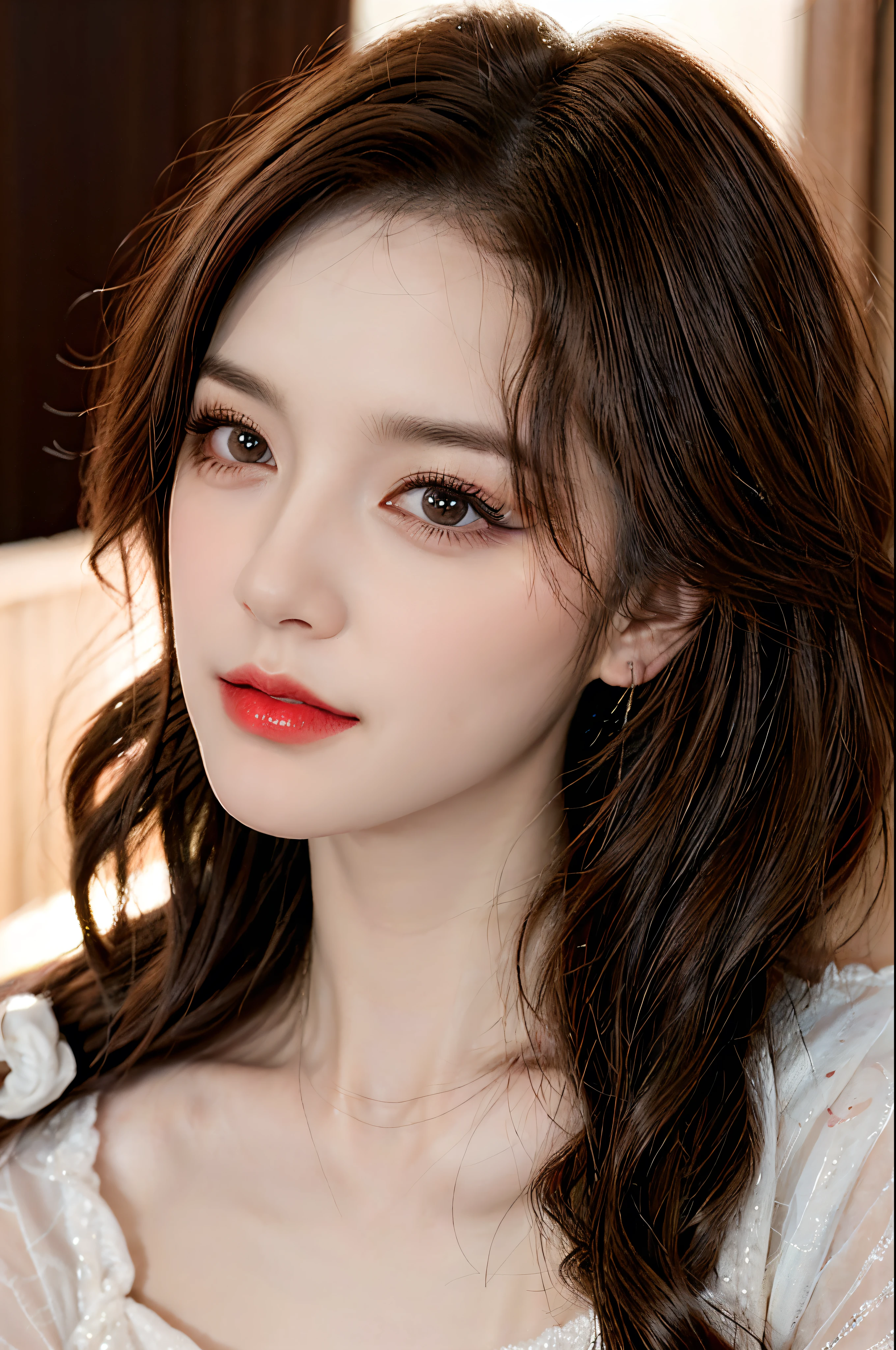 Sweet girl skirt2,skirt, Youjia, 1 Girl, Rob a girl, Red lips, Mature female, cosmetic, ((Cowboy shooting)), (Practical), lean forward, (SurPractical + pure), Delicate and beautiful eyes, High-definition quality, Dynamic Tilt, high nose, Flare effect, Practical details, official art, masterpiece, Unity 8K wallpaper, 美丽的masterpiece, top quality, Radiant Skin, Movie Lighting, sweet and cute, long brown hair, curls, Warm colors, High color saturation