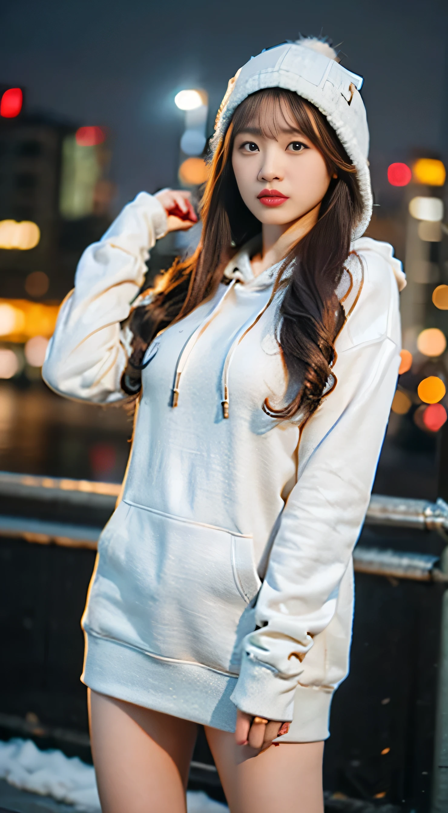 (8k、RAW Photos、highest quality、masterpiece:1.3)、(Realistic、Photorealistic)、(Very large breasts:1.2)、Perfect limbs、Outdoor、(Shibuya cityscape:1.4)、night、Winter clothes、Knitted hat、Stylish、Clothes suitable for the city、(hoodie:1.3)