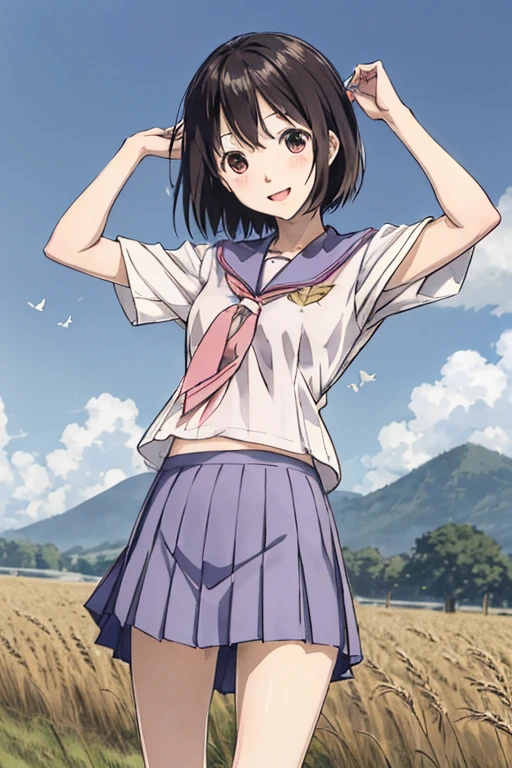 nakahara_misaki、a sailor suit、White blouse、Pink tie、Dark blue pleated skirt、Wheat field、、、The best smile、is standing、(Panties are visible)、(Fluttering skirt)、a miniskirt、fantastic landscape、strong breeze