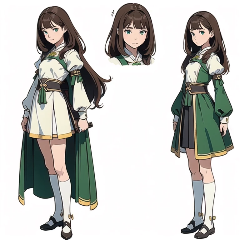(masterpiece), best quality, (character design sheet, same character, full body, side, back), illustration, (beautiful detailed hair detailed face), 1 young girl, solo, perfect feminine face, very cute young girl, pose zitai, detailed design character, chesnut brown hair, left sided bangs, shorr length hair, green eyes, , (simple background, white background: 1.3)