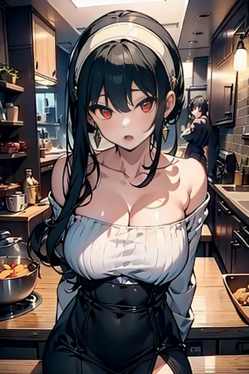 masterpiece, yor, 1girl, Amazing Cleavage:1.3, thin waist, big ass, Raised sexy, medium breast: 1.0 posed cleavage:1.2、solo, looking at viewer, open mouth, have a cute grass of cute beergrass,black hair, red eyes, dress, bare shoulders, jewelry, collarbone, sidelocks, hairband, earrings, indoors, off shoulder, :o, sweater, arms behind back, plant, short hair with long locks, white hairband, off-shoulder dress, sweater dress, off-shoulder sweater, red sweater, big side hair, very long side hair,is rendered in (masterpiece: 1.2, best quality), with (ultra high resolution) and an exquisite (depth of field). This masterpiece is not only visually stunning but also tells,A scene of cooking in the kitchen, (looking down on the audience:1.3)
