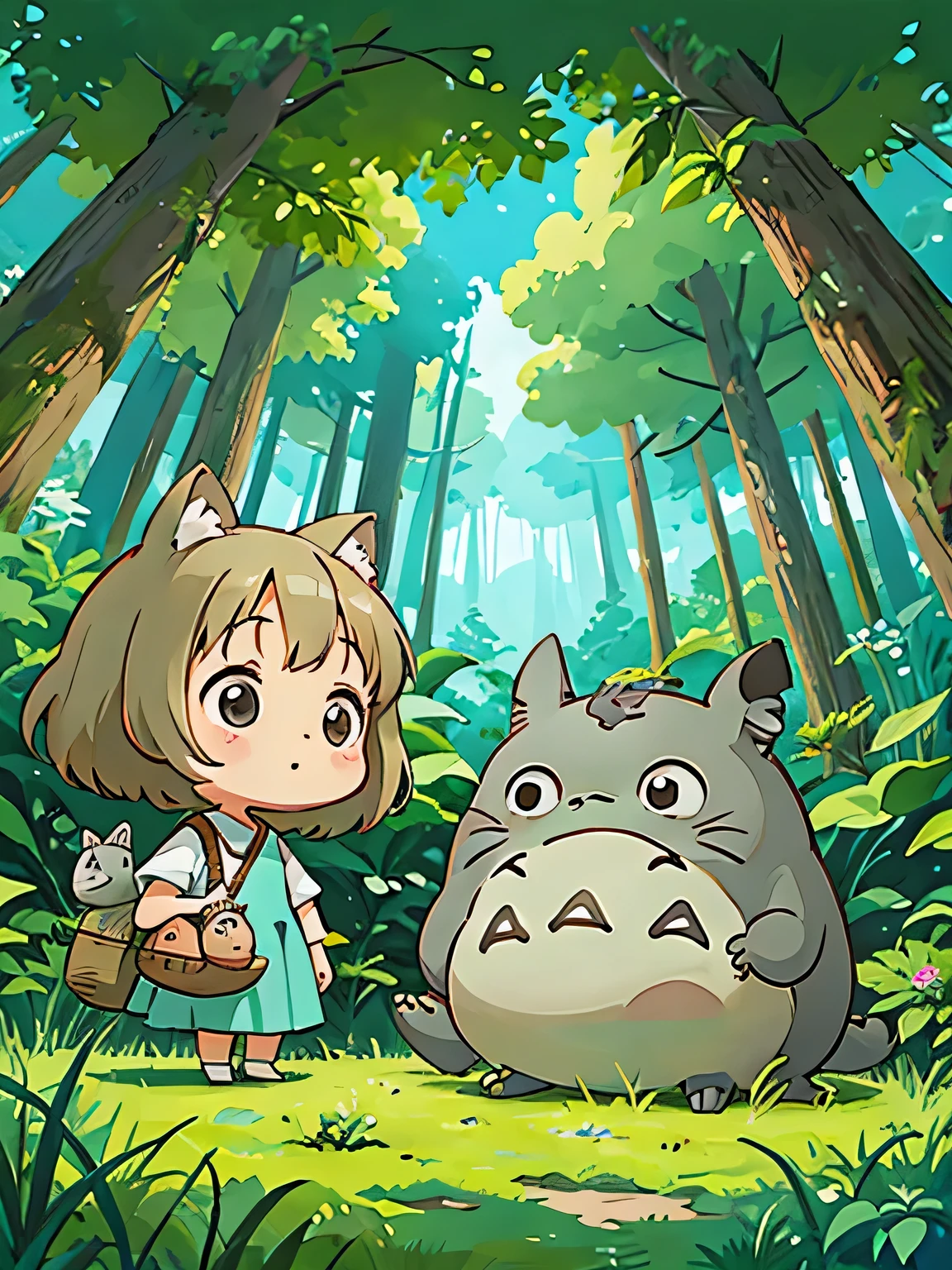hayao miyazaki style, Kawaii Design, The most beautiful girl of all time、Chibi, lots of friends、play together、Totoro Forest