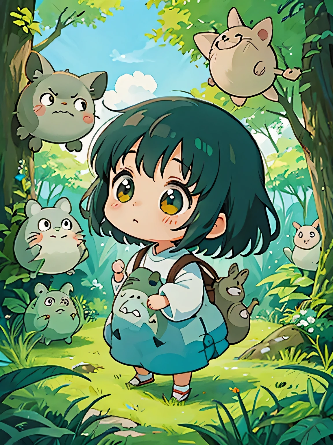 hayao miyazaki style, Kawaii Design, The most beautiful girl of all time、Chibi, lots of friends、play together、Totoro Forest