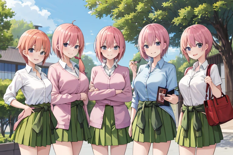 2d, masterpiece, best quality, anime, highly detailed, 5 girl, photo of 5 girl, quintuplets, identical quintuplets sisters, cowboy shot, nakano ichika, pink hair, short hair, cardigan around waist, collared shirt, green skirt, miniskirt, large breasts, standing, school, outdoors, smile