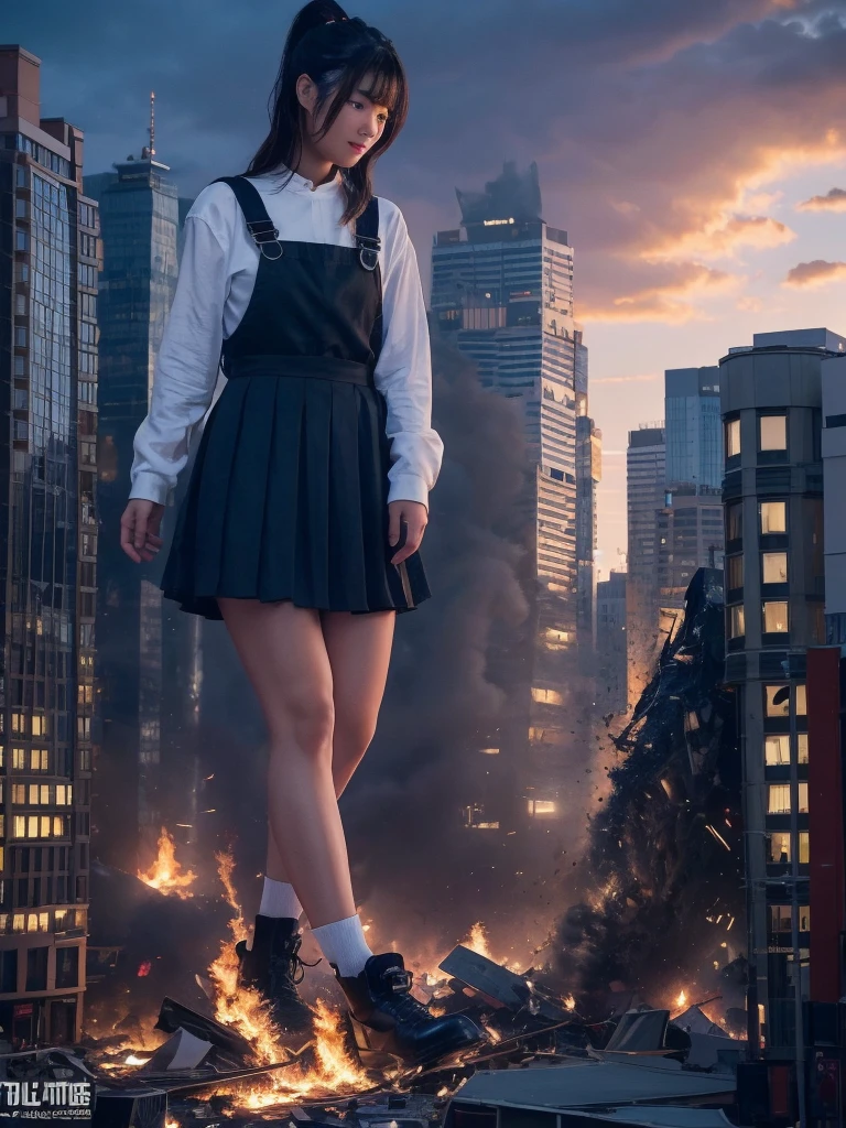 （Giantess Elementake the city tiny、High resolution、high resolution、High quality、Accurate body structure、Detailed body）Towering height of 50,000 Foot Giant Girl、Looking up at the approaching woman from below、Cute women raiding the city、Destroy a small town淫乱な女性、Destroy a small town、Mischievous look、high school girl、White shirt、Checked Skirt、ribbon、Glowing Skin、Giant Woman、smile、Trampling buildings、Burning City、Destroyed buildings、Collapsed highway、Car being crushed、Residents fleeing、sunset、Burning small town、Advance、walk、Trampling、Anatomically correct、Accurate human body、Accurate skeleton、Full body portrait、Bob Hair、Black Hair、Red eyes、Rubble scattered at your feet、Taller than a skyscraper、Great impact、Epic、Giantess Elements、Draw a woman in a big way、Increase the destructive element、Tiny Town、beautiful elements