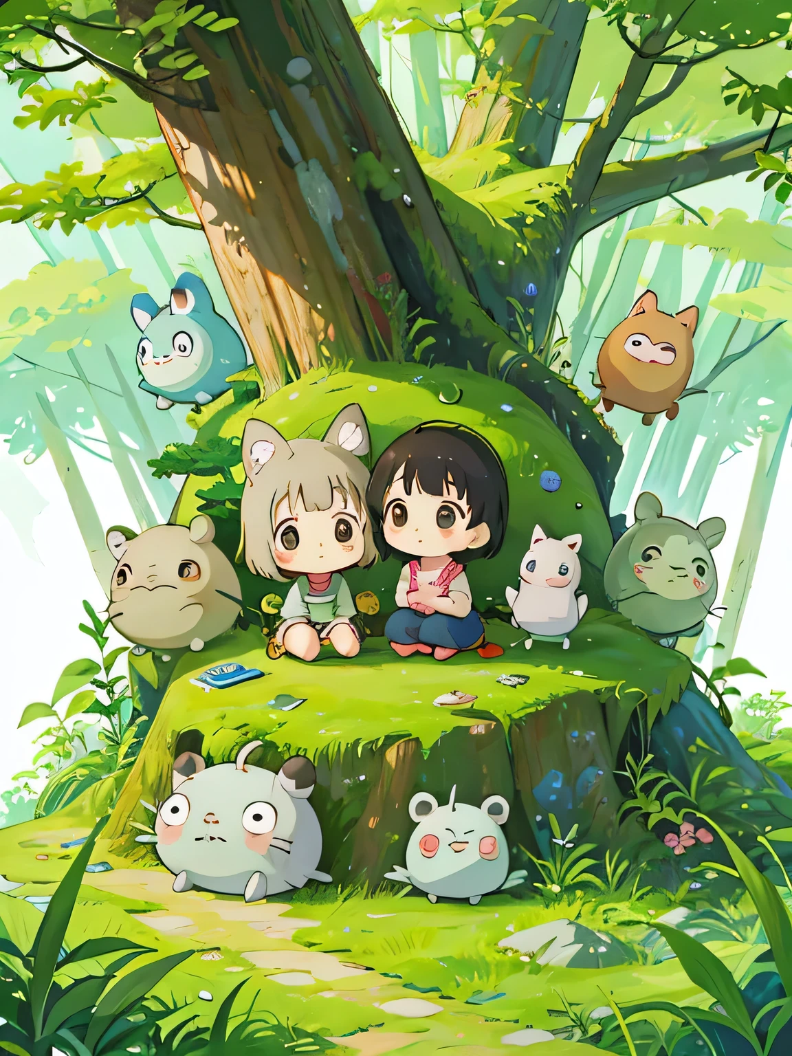 hayao miyazaki style, Kawaii Design, The most beautiful girl of all time、Chibi, lots of friends、play together、Totoro Forest