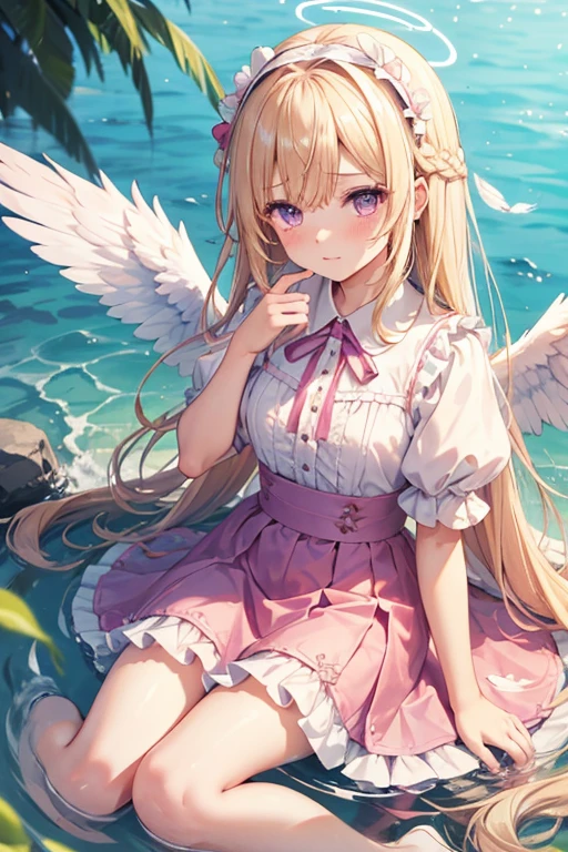 blonde_hair, 1girl, rating:safe, long_hair, angel_wings, solo, wings, white_wings, angel, bird, sitting, dress, feathered_wings, purple_eyes, jewelry, very_long_hair, water, feathers, puffy_sleeves, frills, hairband, hand_between_legs, halo, puffy_short_sleeves, short_sleeves, tears, pink_dress, short_dress, ribbon, skirt, between_legs, flower, ocean, bangs, wariza, yokozuwari, pink_skirt, rose