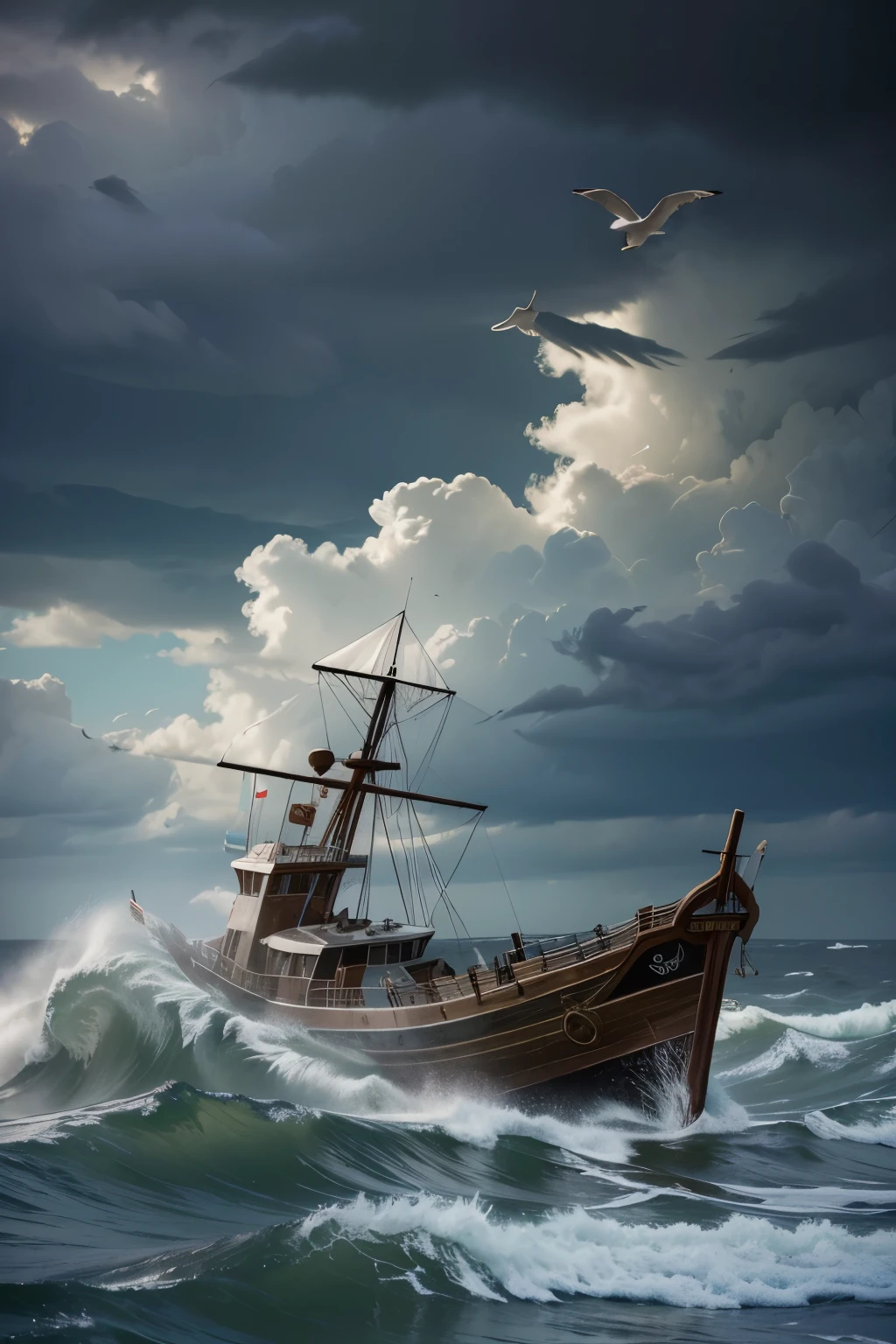 RAW, Best quality, high resolution, masterpiece: 1.3), The ark amidst high rolling waves during a fierce storm on a raging sea, (2:1 aspect ratio, 5.1 version), Masterpiece: 1.3, Dramatic seascape, Beautiful ark, Realistic, Detailed, Surreal, Stormy sea, Massive waves, Dark clouds, White-capped waves,Poignant touch of hope, Dove with olive leaf, Glimpsed against stormy backdrop, Pensive atmosphere, Seascape photography, Full-frame DSLR, 70mm lens, Expansive turmoil, Lifelike details