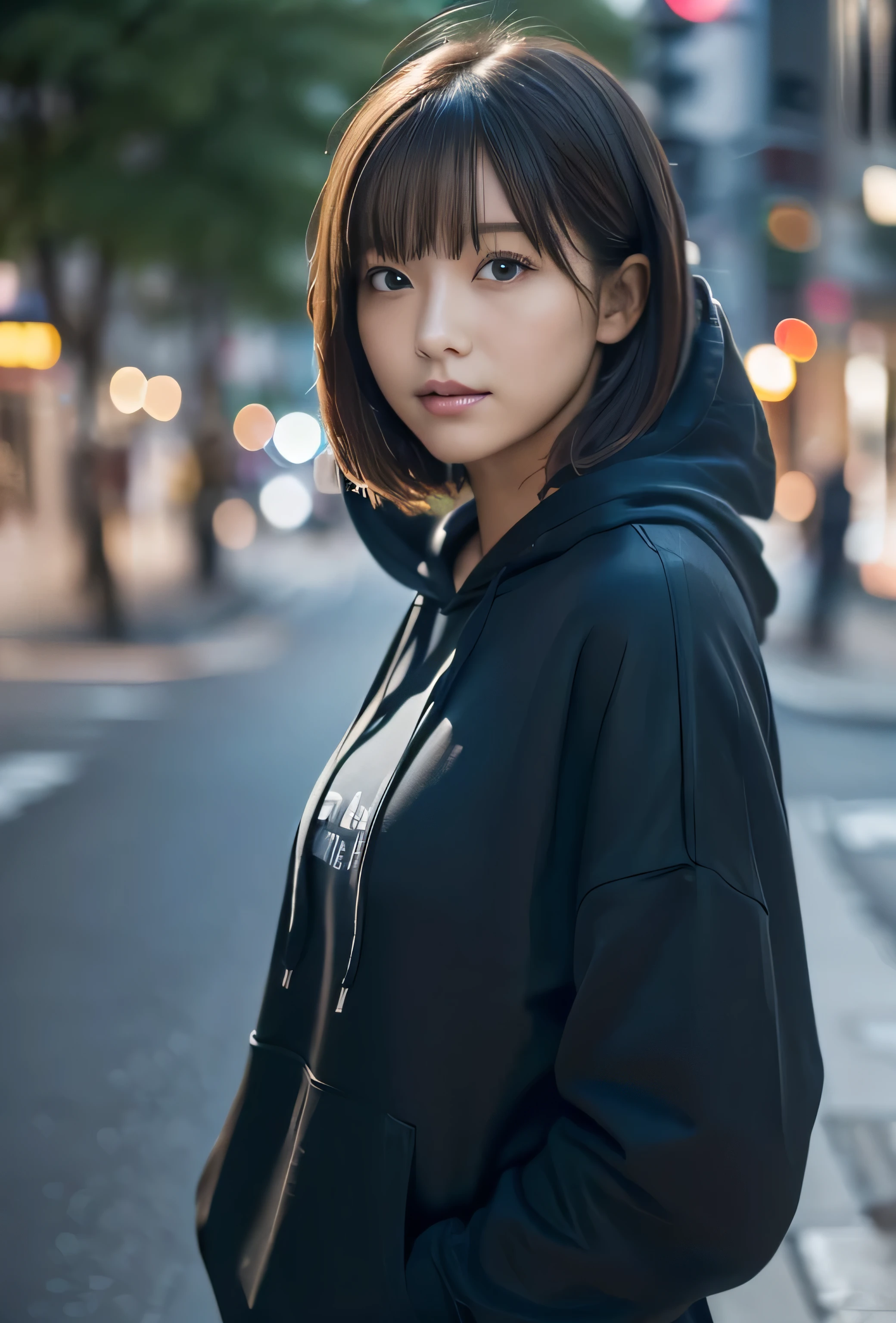 (((city:1.3, Outdoor, Photographed from the front))), ((Medium Bob:1.3,hoodie,Japanese women,cute)), (clean, Natural Makeup), (highest quality, masterpiece:1.3, 超High resolution), (Very detailed, Caustics), (Realistic:1.4, RAW shooting), Very detailed, High resolution, 16K resolution