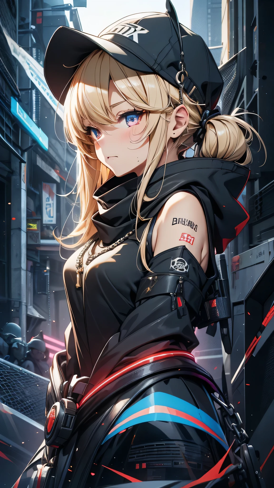 最high quality、Best image quality、masterpiece、girl((18-year-old、 By becoming、Best Bust、Medium Bust,Wide open breast tea、Red glowing eyes,Blonde、Disheveled Hair、Twin tails、thin,The highest valley、Open chest、Luminous Wristbands、hat、hair ornaments、luminous necklace、Black sleeveless hoodie(1:2)、Blue short skirt、Disheveled clothing、Show the whole body,Low - Angle、Hacker-like、sweating、lure、Black cute mask、Leaning against a wall、Black scarf、Holding a Japanese sword、Sad face、Chain Accessories、handcuffs)),high quality、Beautiful art、background((Black Room、Black Wall、Black furniture、Big black TV、Black PC、red paint))、Flight、Flying debris、Written boundary depth、movie、Visual Arts、Perfect art、8K,Genuine,