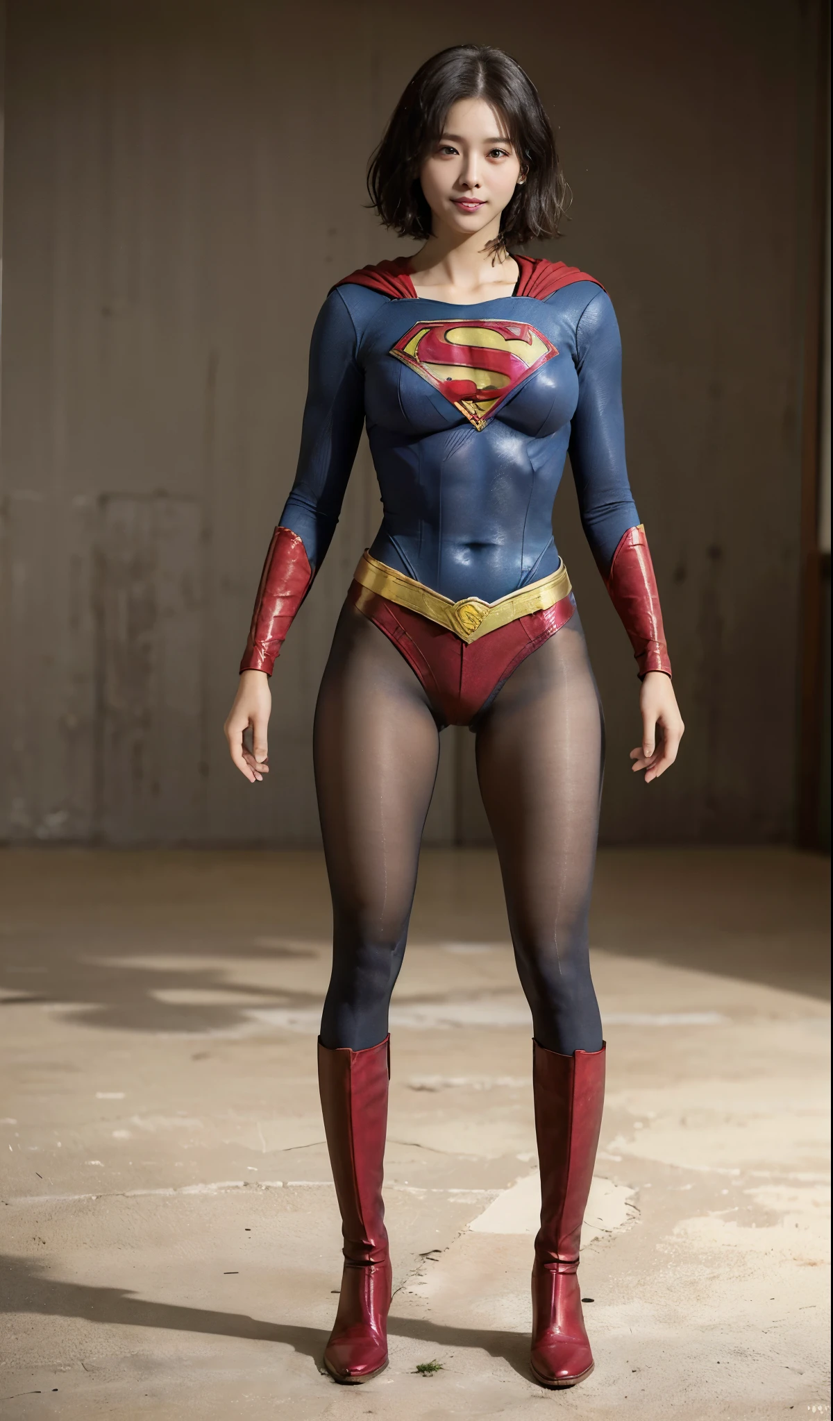 No background、(((Beautiful legs in black tights.)))、(((Legally express the beauty of your smile)))、((((Make the most of your original images)))、(((Supergirl Costume)))、(((Beautiful very short hair)))、(((suffering)))、(((Please wear black tights....、Wear red boots)))、((Best image quality、8k))、((highest quality、8k、masterpiece:1.3))、(((Preserve background )))、Sharp focus:1.2、Beautiful woman with perfect figure:1.4、Slim Abs:1.2、Wet body:1.5、Highly detailed face and skin texture、8k