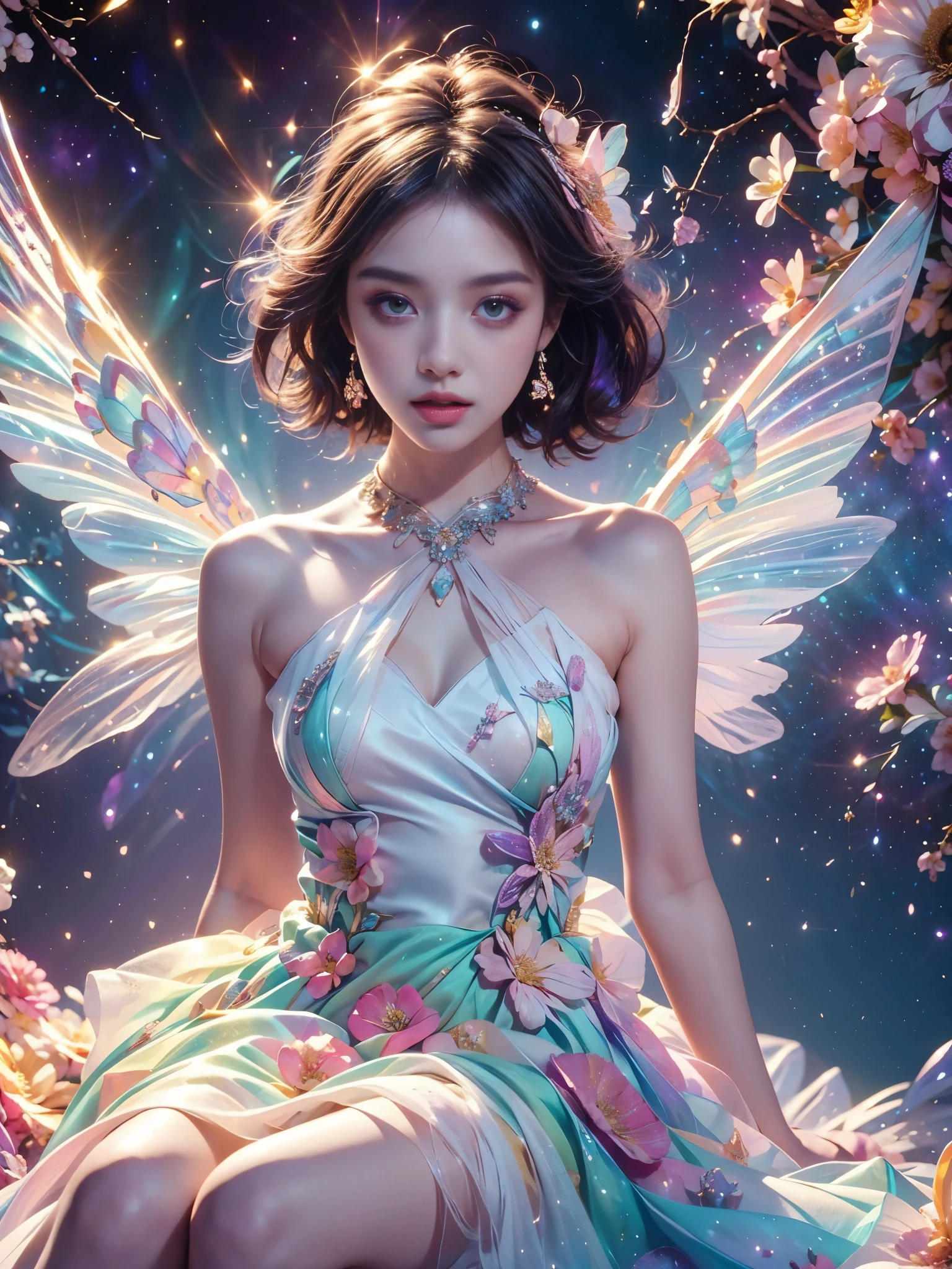 4k ultra high definition, masterpiece, A girl, good face, Delicate eyes, Delicate lips, Flower fairy girl, Big Wings, Transparent wings, Neon, (Galaxy Background:1.5), (Floral Dress:1.5), (green dress), in heaven, sitting,