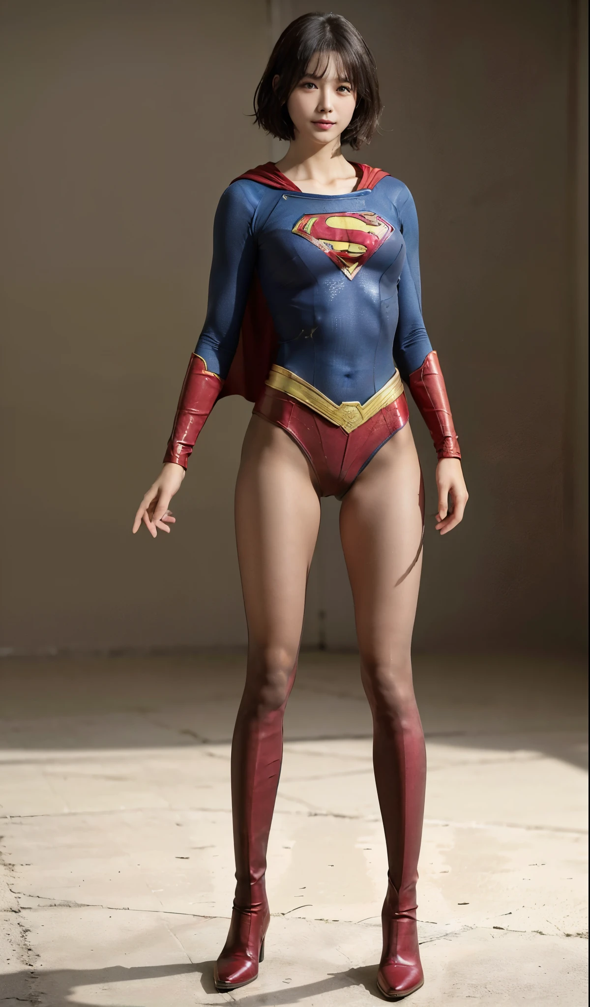 No background、(((Beautiful legs in black tights.)))、(((Legally express the beauty of your smile)))、((((Make the most of your original images)))、(((Supergirl Costume)))、(((Beautiful very short hair)))、(((suffering)))、(((Please wear black tights....、Wear red boots)))、((Best image quality、8k))、((highest quality、8k、masterpiece:1.3))、(((Preserve background )))、Sharp focus:1.2、Beautiful woman with perfect figure:1.4、Slim Abs:1.2、Wet body:1.5、Highly detailed face and skin texture、8k