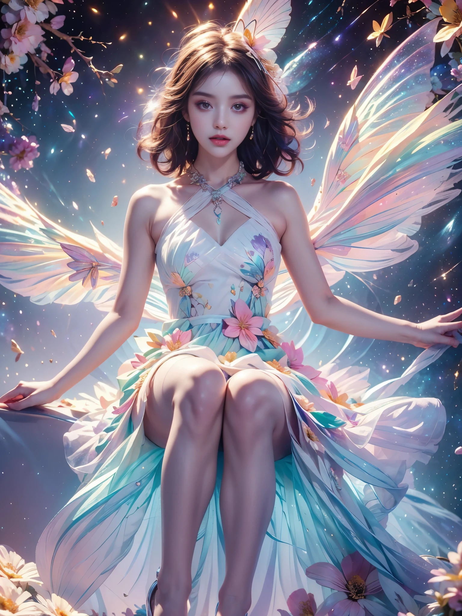 4k ultra high definition, masterpiece, A girl, good face, Delicate eyes, Delicate lips, Flower fairy girl, Big Wings, Transparent wings, Neon, (Galaxy Background:1.5), (Floral Dress:1.5), (green dress), in heaven, sitting,