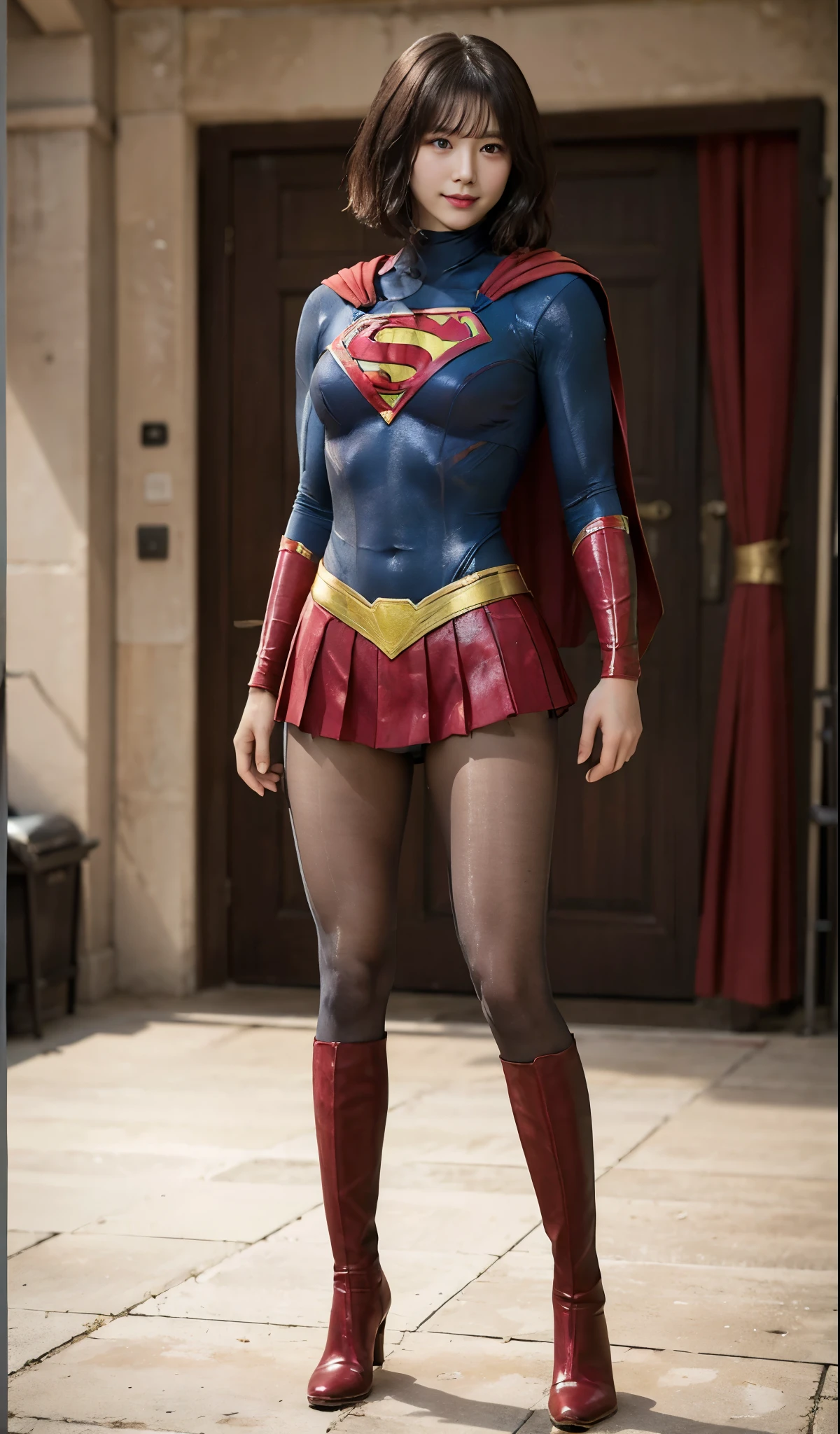 No background、(((Beautiful legs in black tights.)))、(((Legally express the beauty of your smile)))、((((Make the most of your original images)))、(((Supergirl Costume)))、(((Beautiful very short hair)))、(((suffering)))、(((Please wear black tights....、Wear red boots)))、((Best image quality、8k))、((highest quality、8k、masterpiece:1.3))、(((Preserve background )))、Sharp focus:1.2、Beautiful woman with perfect figure:1.4、Slim Abs:1.2、Wet body:1.5、Highly detailed face and skin texture、8k