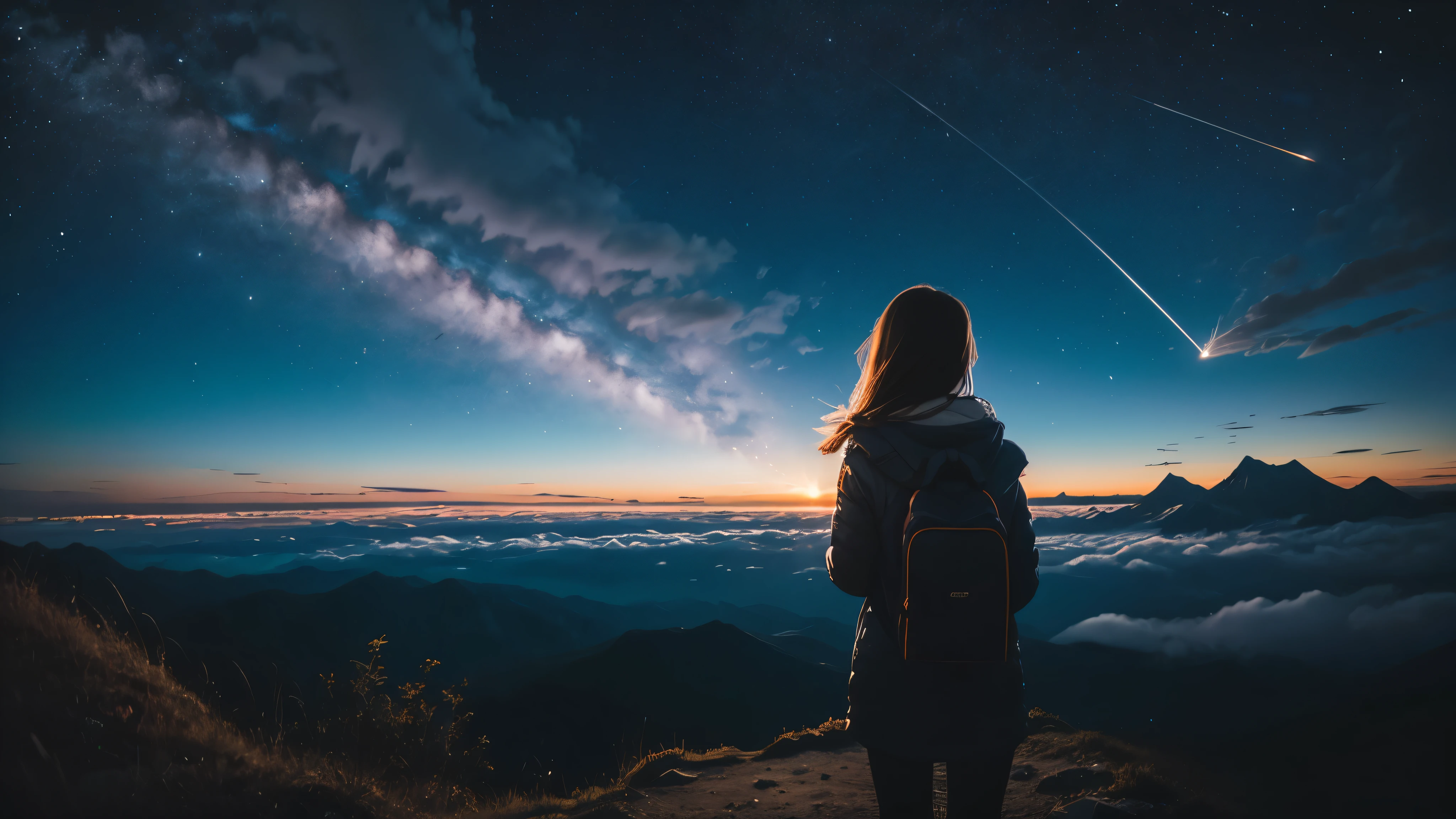 the third person view, high angle view, 1girl, midnight, Make a wish, mountain top, sky, cloud, Meteor