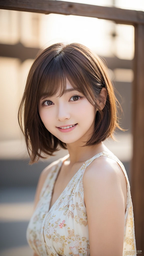 (top-quality,8K picture quality,masterpiece:1.3,),(超A high resolution:1.3,Photorealsitic:1.4,Raw photography:1.2),(ultra-detailliert:1.2,shinny skin,Detailed skin:1.1),(Detailed face,Perfect Anatomy,Caustics:1.2),Harajuku, Tokyo, 1 girl, cute, Japanese, 22 years old, Japanese idol, natural brown hair, short hair curled outwards, cute eyes, natural make-up, smiling, looking at camera, on face, focus on face, professional lighting, natural soft light,