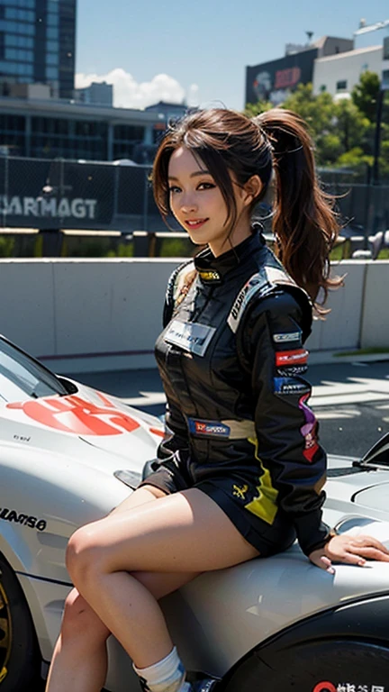 Very detailedな CG Unity 8k 壁紙, highest quality, Very detailed, masterpiece, Realistic, photo Realistic, Very detailedなかわいい女の子, Age 25, (whole bodyからつま先まで:1.2、(whole body)、(whole body to toes)、(Shooting from the side:1.2)、((sitting on the hood of a car))、(Race Queen)、(Sexy pose),(Model pose)、(Big Breasts)、(Big Ass)、(smile at the camera)、( smile ),(whole bodyショット:1.2) ,(Side view:1.2)、(Side Shot:1.2)、(ponytail)、(photoRealistic:1.3)、((Wear a sponsored grid girl costume,Logo is printed)), (Shorts) , (Participate in a motorsport race),
