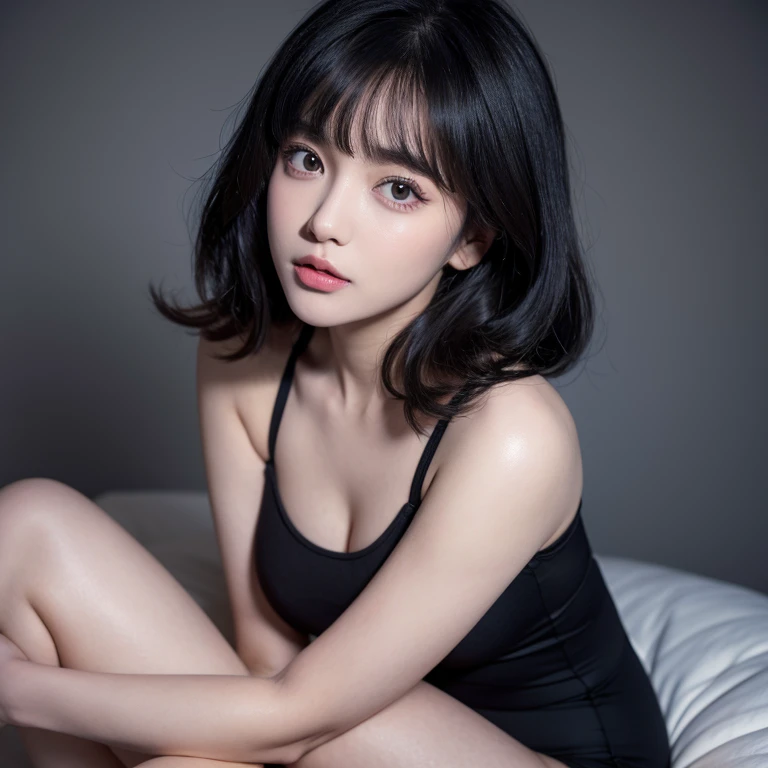 Highest quality，26 years old，woman，blunt bangs，Black Hair，Soft wavy hairstyle，With big eyes、Deep blue，Bright、Has a lively expression，Healthy and bright skin tone，Small mouth，Thick lips，flom below，whole body，Big Breasts，The thighs are a little thicker，Looking at the camera，Cinema Lighting，Magenta leotard，